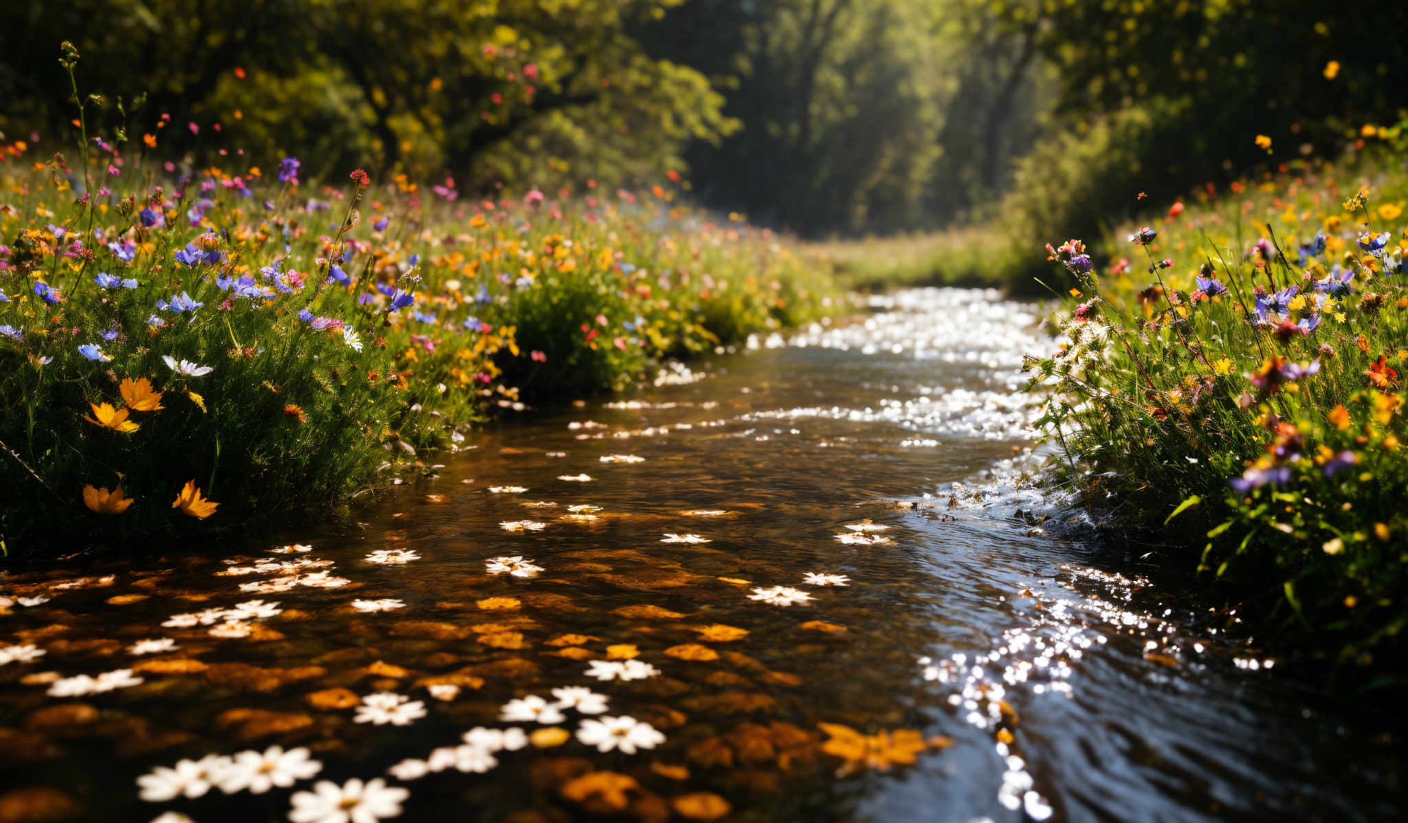 The image showcases a serene natural scene. The dominant colors are green from the grass and trees, and a mix of purple, yellow, and white from the flowers. The stream in the foreground has clear water with floating yellow and white flowers. On either side of the stream, there are patches of vibrant flowers in various colors, including purple and yellow. The background is filled with trees, casting dappled sunlight on the water and creating a tranquil atmosphere.