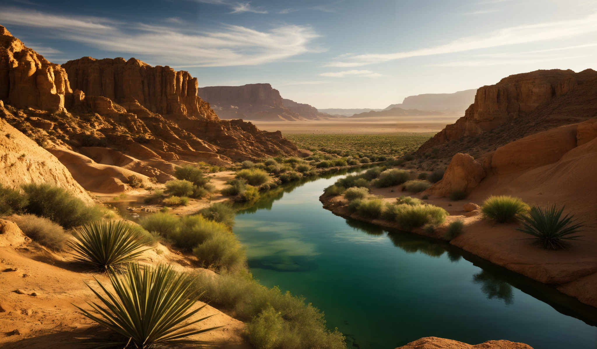 The image showcases a breathtaking landscape dominated by towering red rock formations. These formations have a rugged and jagged appearance, with some having vertical striations. The sky above is clear with a few wispy clouds, suggesting a serene day. In the foreground, there's a calm, reflective body of water surrounded by green vegetation, including some tall, spiky plants. The middle ground reveals an expansive plain with a distant horizon, where more rock formulations can be seen.