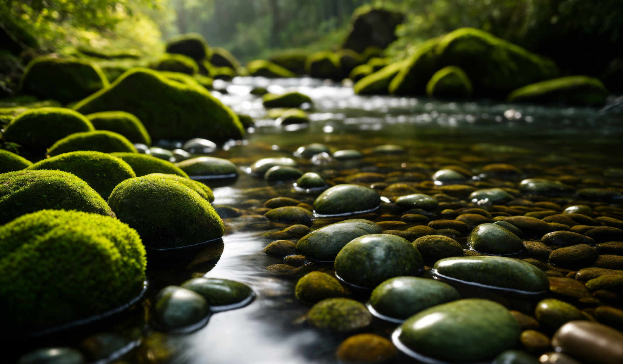 The image showcases a serene natural setting. The dominant colors are various shades of green, representing moss-covered rocks and trees. The rocks, both large and small, are mostly smooth and are covered in a lush green moss. They are scattered in a stream, with some of them submerged in water. The water appears clear, allowing us to see the pebbles beneath. Sunlight filters through the trees, casting a soft glow on the scene. The overall ambiance is tranquil and untouched.