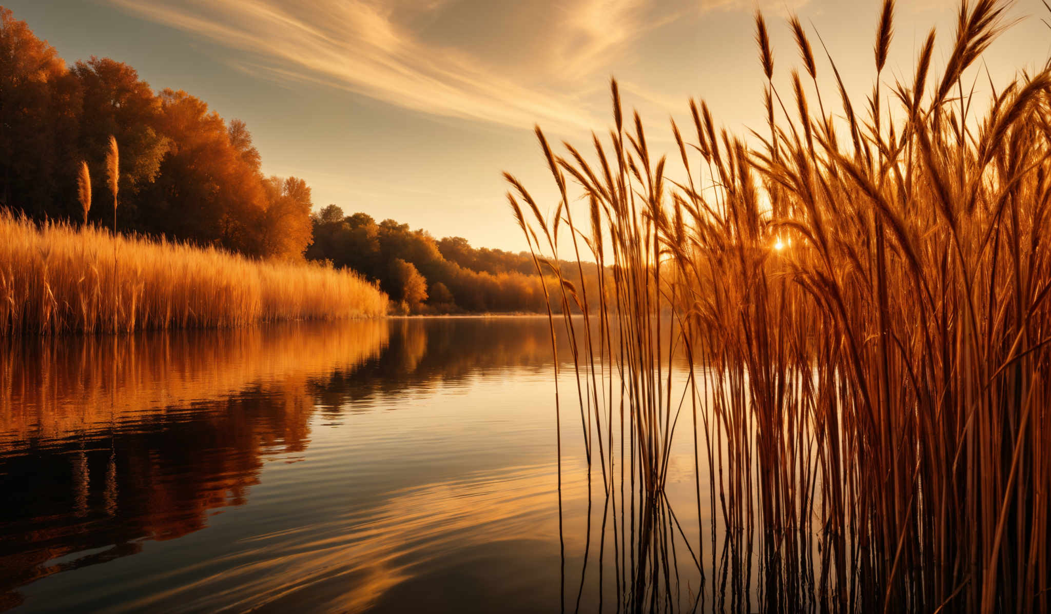 The image showcases a serene landscape during what appears to be the golden hour. The dominant colors are warm hues of orange, gold, and brown, reflecting the sunlight. The sky is painted with soft, wispy clouds. In the foreground, tall, slender reeds or grasses stand tall, bathed in the golden light, with their reflections mirrored in the calm waters below. The middle ground features a dense cluster of trees with autumnal foliage, displaying a range of warm colors from oranges to browns. The background reveals a distant shoreline or bank, with the trees gradually fading into the horizon.