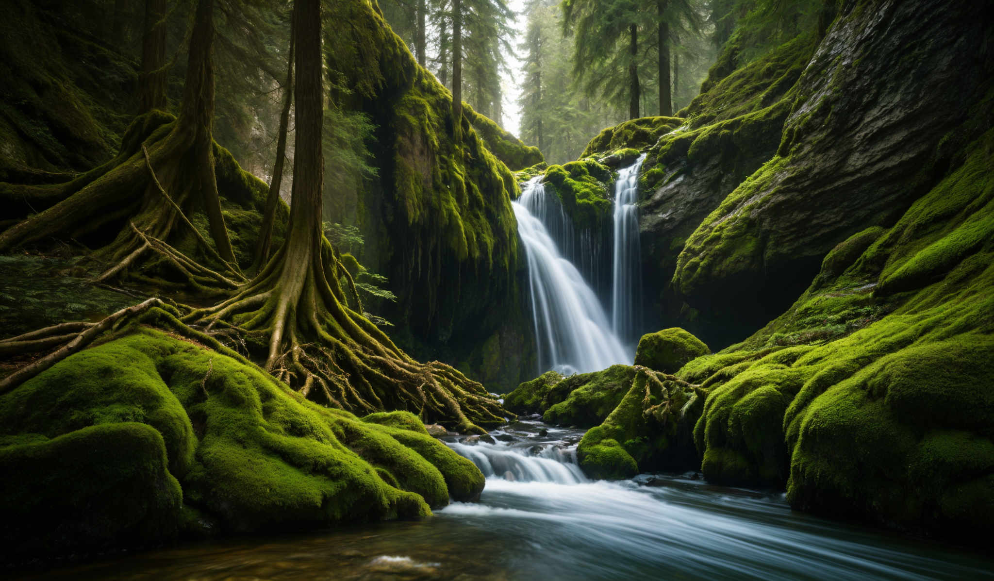 The image showcases a lush, verdant forest with tall trees, predominantly conifers. The ground is covered in vibrant green moss, which forms intricate patterns and covers the rocks and tree trunks. A waterfall cascades down a rocky cliff, flowing into a serene stream below. The water appears clear and is captured in motion, creating a silky effect. The overall ambiance is one of tranquility and untouched natural beauty.