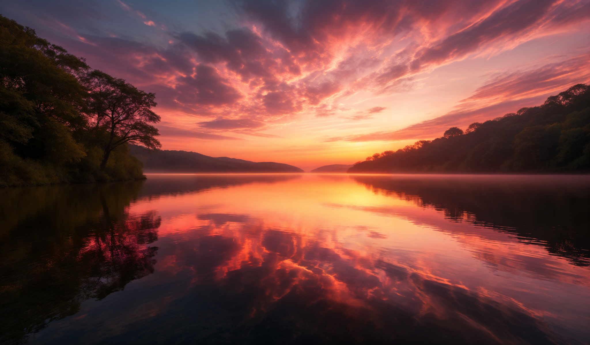 The image showcases a breathtaking sunset over a calm body of water. The sky is painted with hues of pink, orange, and purple, with dramatic cloud formations reflecting the fiery colors. The water mirrors the sky, creating a symmetrical view. On the left, there's a dense cluster of trees, their silhouettes contrasting against the vibrant backdrop. The horizon is gently illuminated, suggesting the sun is just below it. The overall scene exudes tranquility and natural beauty.