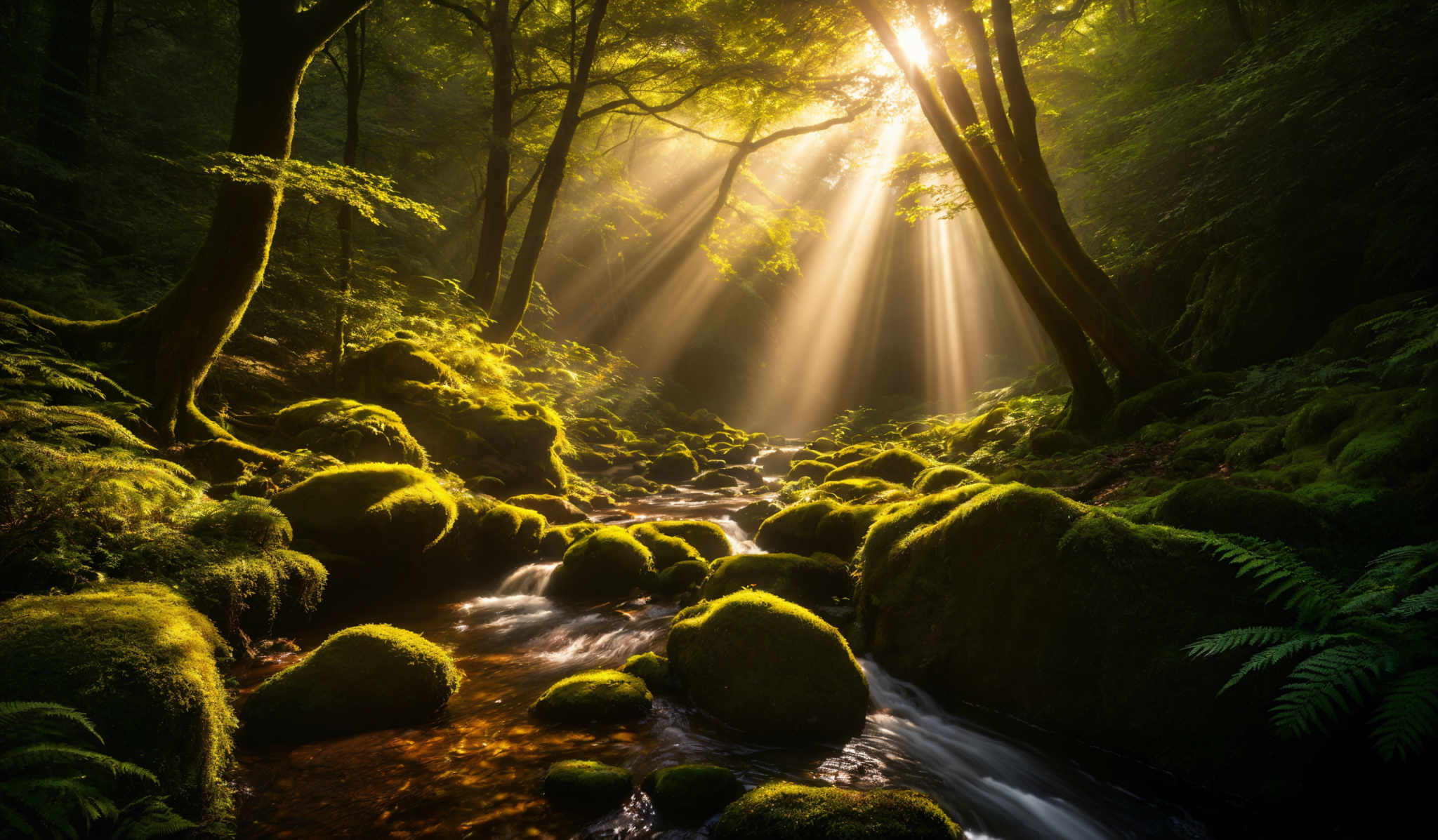 The image showcases a lush forest with tall trees, their trunks covered in moss. The forest floor is covered with moss-covered rocks and stones, and there's a small stream flowing through it. Sunlight pierces through the canopy, casting golden rays and illuminating the scene. The colors are predominantly green from the moss and foliage, with the golden hue from the sunlight. The shapes are natural and organic, with curves and irregularities typical of a forest landscape.