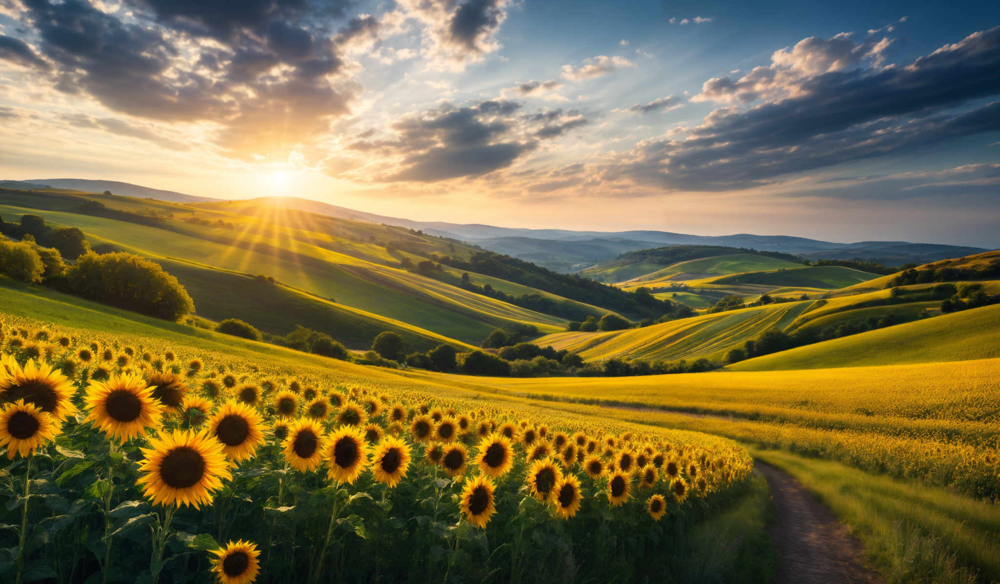 The image showcases a breathtaking landscape during sunset. The sky is painted with hues of blue, gold, and orange, with fluffy white clouds scattered across. The sun casts a warm golden glow, illuminating the rolling hills below. The hills are adorned with lush green fields, interspersed with patches of golden sunflowers. A dirt path meanders through the fields, leading the viewer's eye towards the horizon. The overall scene exudes tranquility and the beauty of nature.