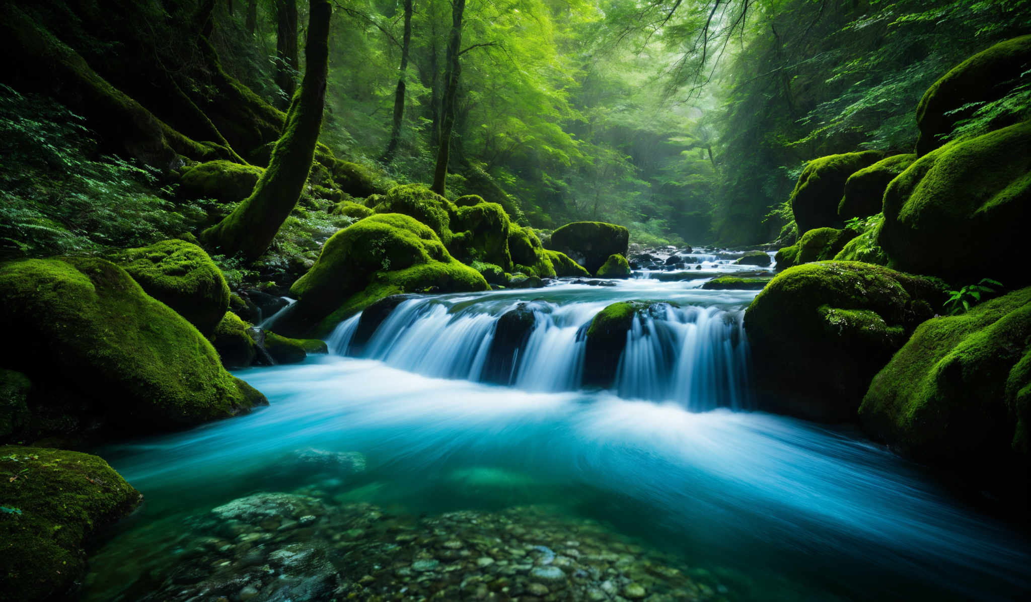 The image showcases a serene forest scene with a cascading waterfall. The dominant colors are various shades of green, representing the lush foliage and moss-covered rocks. The waterfall is a vibrant shade of blue, contrasting beautifully with the surrounding greenery. The rocks, especially in the foreground, are mossy and have a rounded shape, indicating they have been shaped by the continuous flow of water over time. The forest appears dense with tall trees, and the atmosphere is misty, adding to the ethereal quality of the scene.