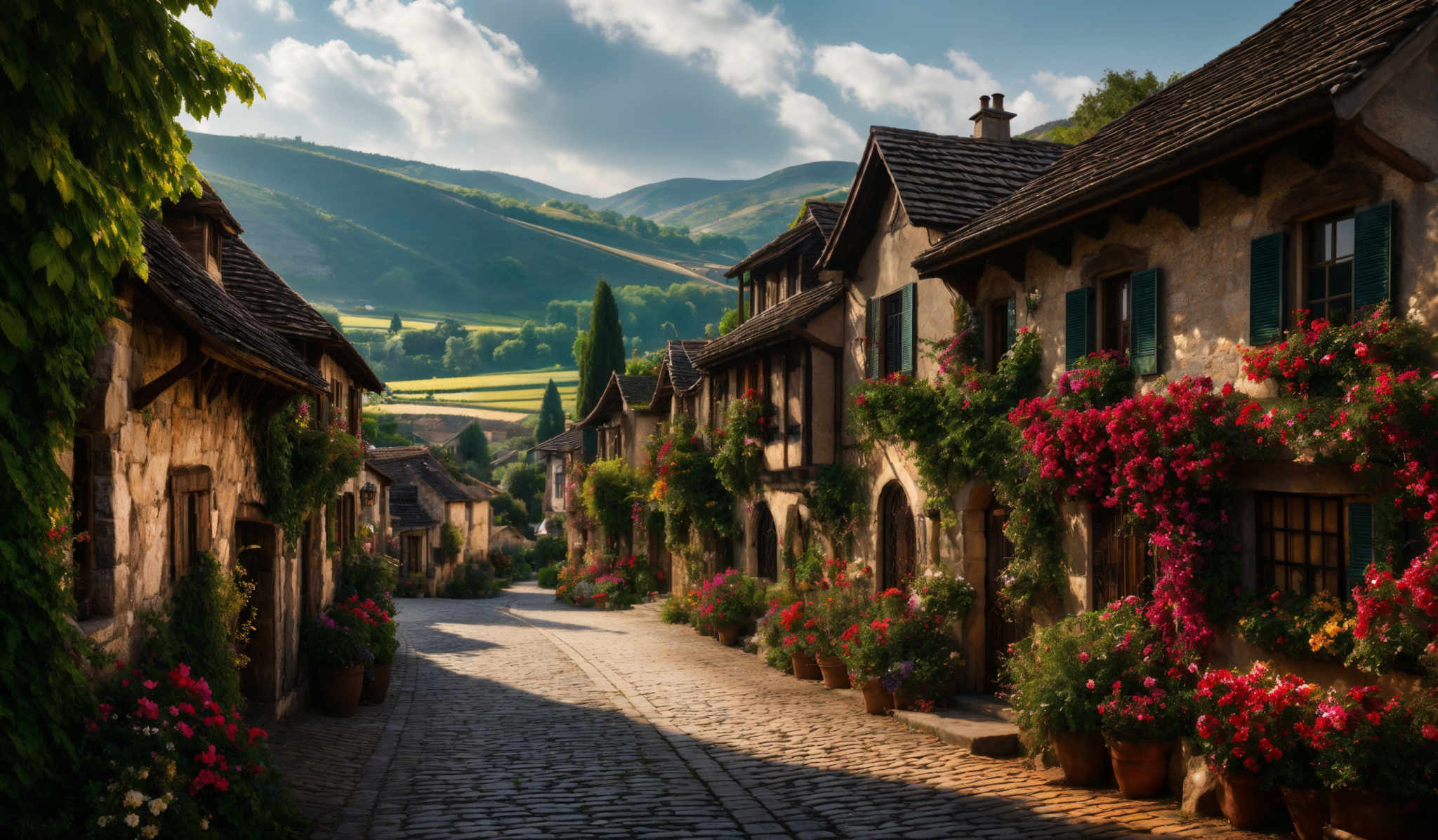 The image showcases a picturesque cobblestone street lined with old stone houses. These houses have a rustic charm, adorned with vibrant flowers in shades of red, pink, and purple. The cobbled pathway curves gently, leading the viewer's eye towards the distant hills. The hills are covered in lush greenery, with patches of cultivated land visible. The sky above is clear with a few scattered clouds, allowing sunlight to illuminate the scene.