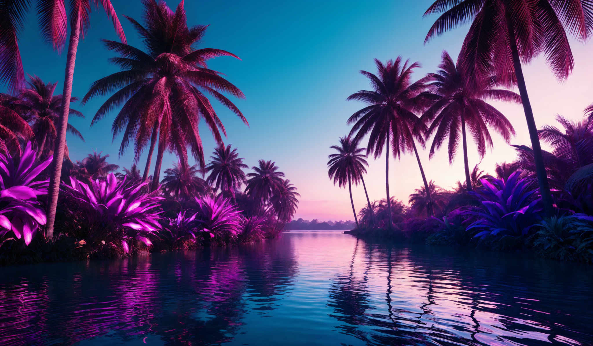 The image showcases a serene tropical landscape during what appears to be either dawn or dusk. Dominating the scene are tall palm trees with their fronds swaying gently. The sky is painted in hues of blue and pink, with the sun casting a warm glow. In the foreground, there's a calm body of water reflecting the colors of the sky and the silhouettes of the trees. The water is dotted with vibrant purple and blue plants, possibly some form of tropical undergrowth or aquatic plants. The overall ambiance is tranquil and dreamy.