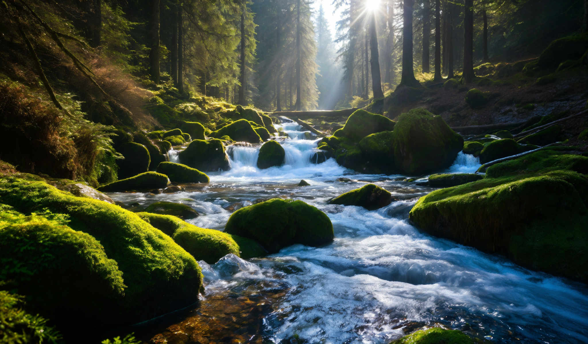 The image showcases a serene forest scene with a cascading stream flowing over moss-covered rocks. The predominant colors are shades of green from the moss and trees, and the blue-white hue from the flowing water. The stream meanders through the forest, with water cascades over several mossy rocks, creating white foamy patches. Tall trees with slender trunks stand on either side of the stream, their canopies filtering the sunlight, which casts a dappled light on the forest floor. The sun's rays pierce through the trees, creating a radiant effect.