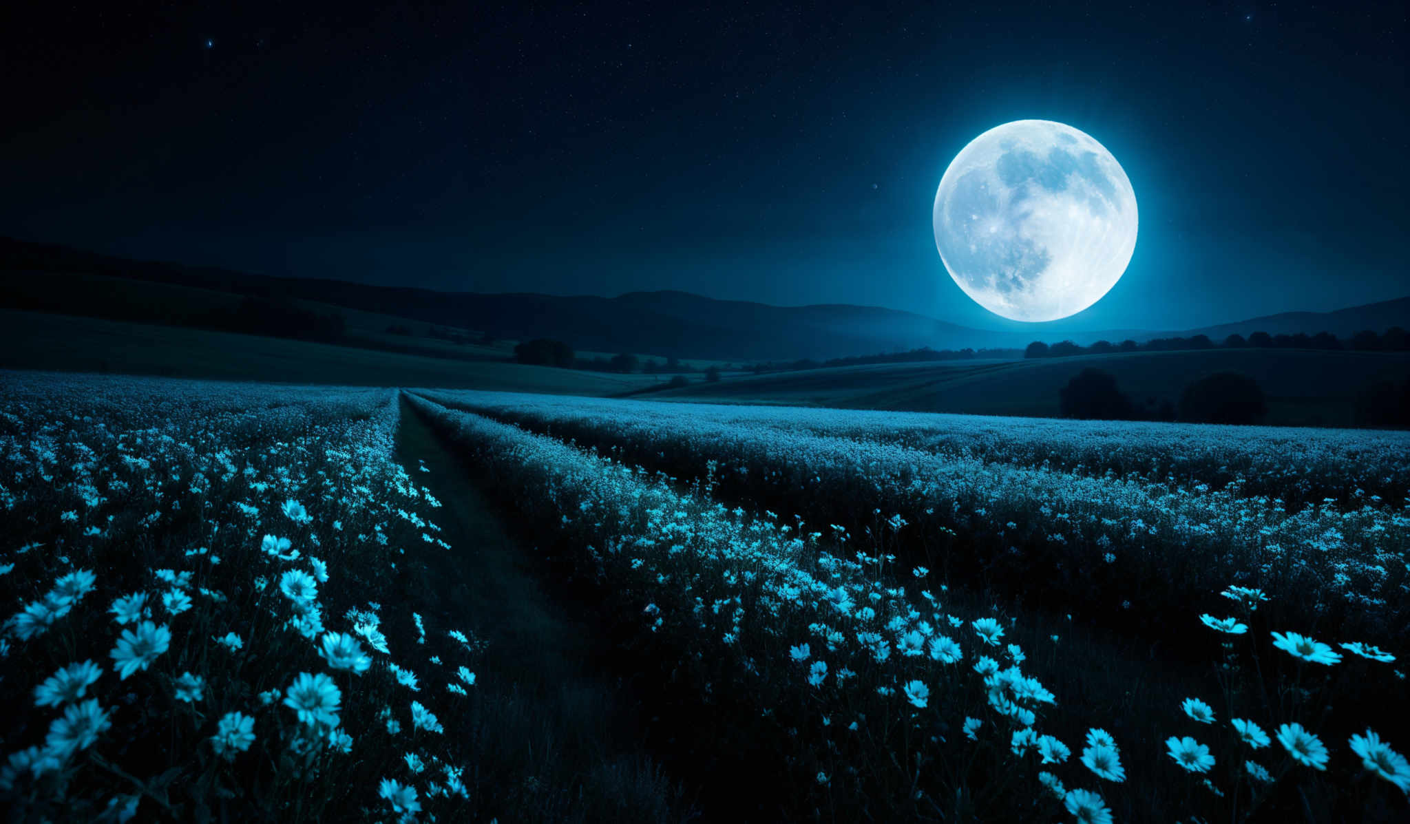 The image showcases a mesmerizing night landscape. The dominant color is a deep blue, which gives a serene and calm ambiance. The moon, appearing large and luminous, is almost at the horizon, casting a soft glow over the landscape. In the foreground, there's a vast field of what seems to be white flowers, illuminated by the moonlight, creating a pathway that leads the viewer's eye towards the hills in the background. The hills are silhouetted against the moon, and there are a few scattered trees. The sky is dotted with stars, adding to the beauty of the scene.