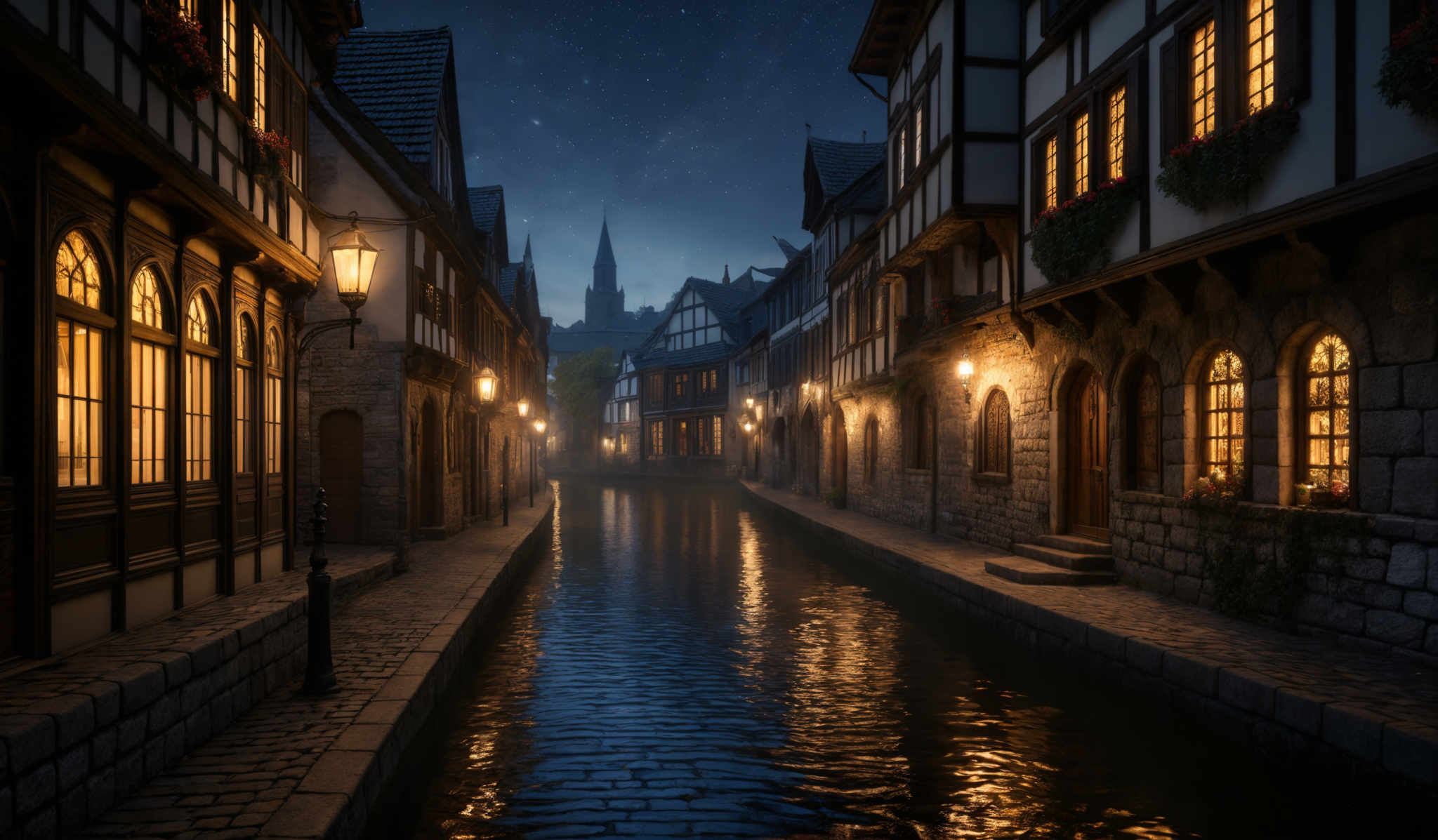 The image showcases a serene nighttime scene in a medieval or Renaissance town. The dominant colors are deep blues and warm yellows. The buildings are half-timbered, with a combination of stone and wood. They have large windows illuminated from the inside, casting a warm glow. The cobblestone pathway reflects the lights from the buildings, creating a shimmering effect. The water in the canal is calm, mirroring the buildings and the sky. In the distance, there's a church or cathedral with a tall spire, and the night sky is dotted with stars.