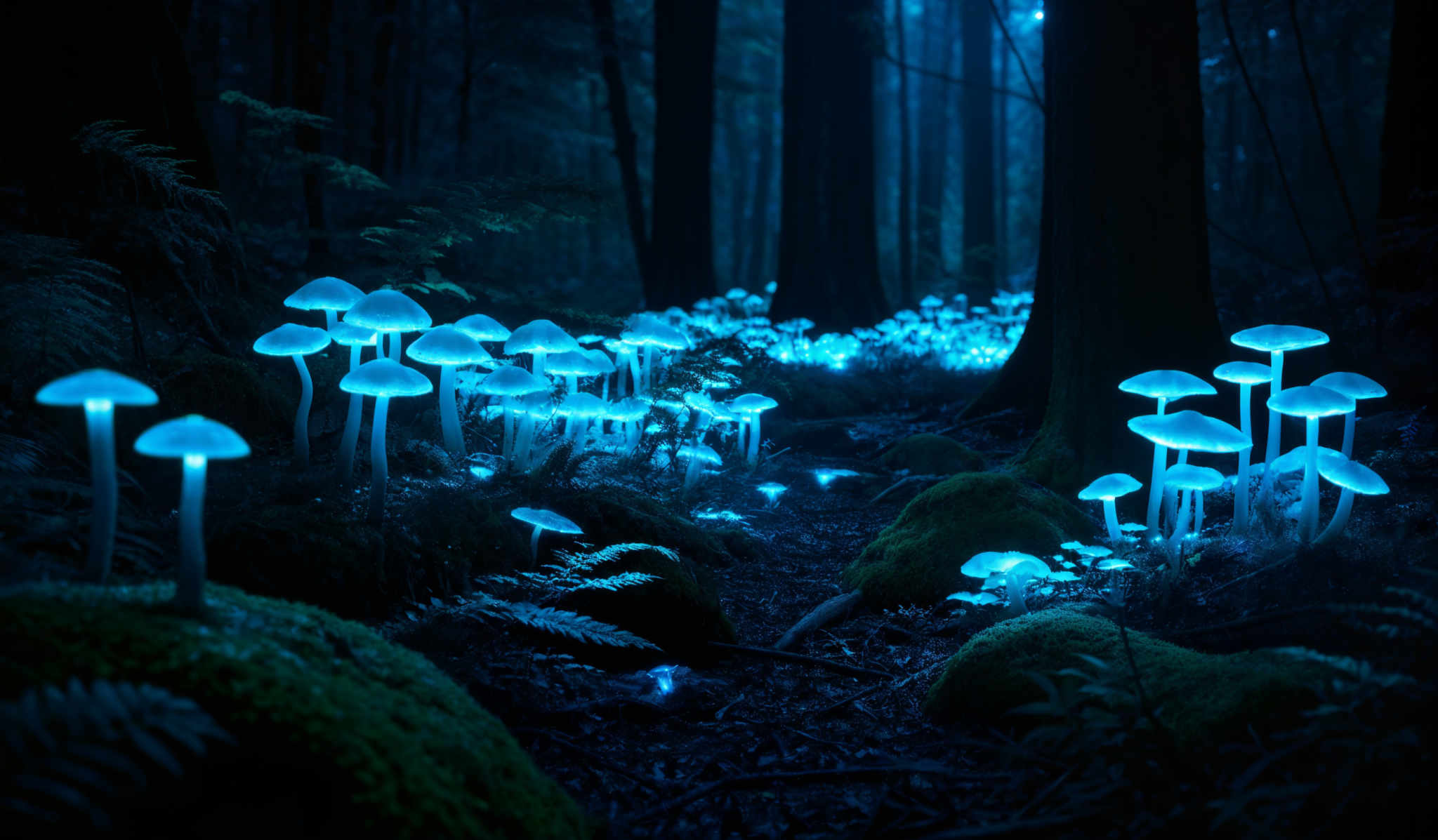 The image showcases a dark, enigmatic forest scene. The dominant colors are shades of blue and green, creating a mystical ambiance. The forest floor is covered with moss and ferns, and there are numerous glowing blue mushrooms scattered throughout. These mushroom caps emit a soft, luminescent light, illuminating the surrounding area. The tall trees in the background are shrouded in darkness, adding to the overall sense of mystery.