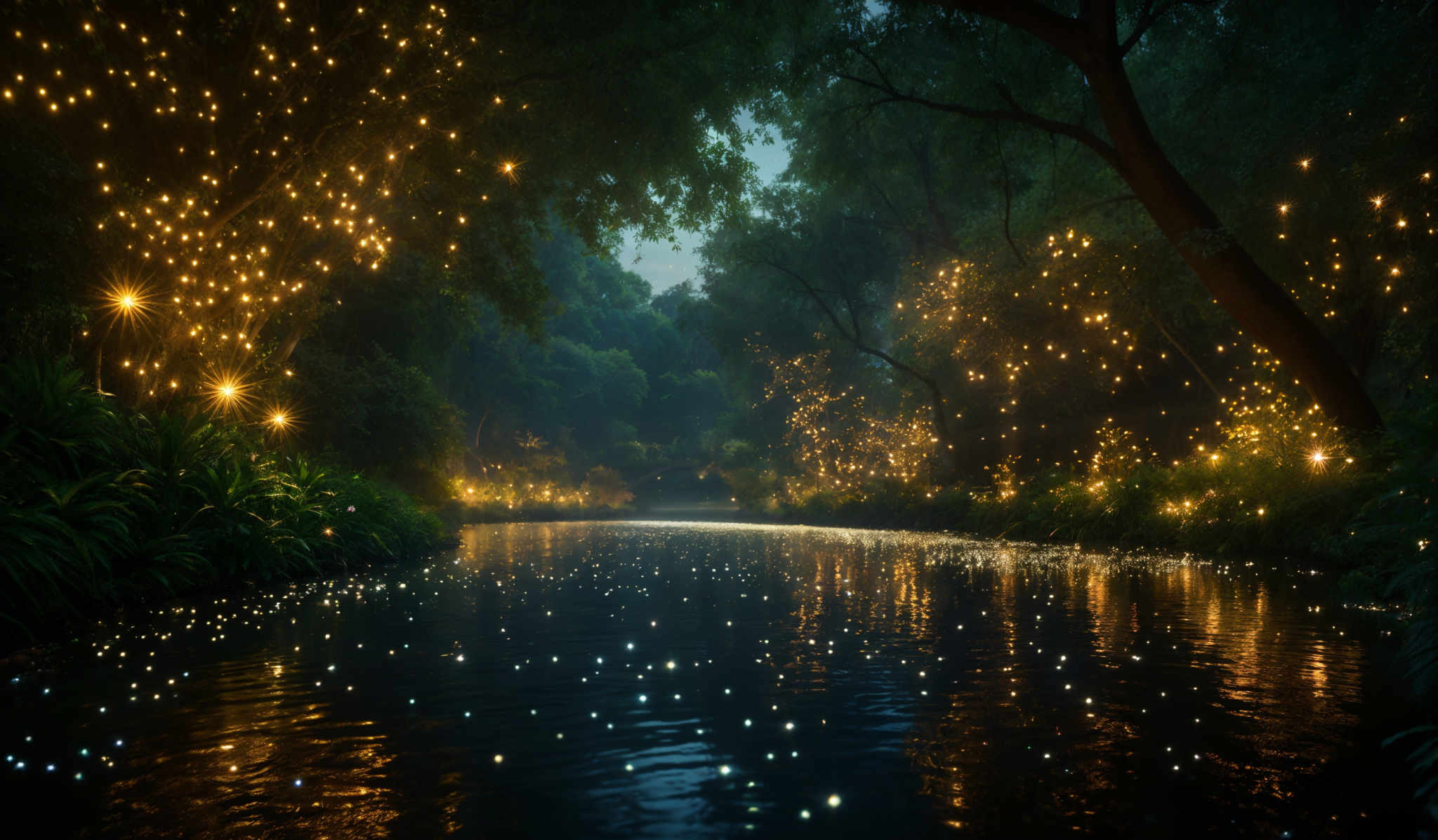 The image showcases a serene and mystical scene of a forest or wooded area beside a calm water body. The trees are dense with lush green foliage, and their branches extend over the water, creating a canopy. The ground is adorned with various plants, including ferns and other greenery. The most captivating element is the multitude of glowing orbs or lights scattered throughout the scene, emitting a warm, golden glow. These lights illuminate the water and reflect off it, creating an ethereal ambiance. The overall color palette is dominated by deep greens, golden yellows, and the dark blue of the water.