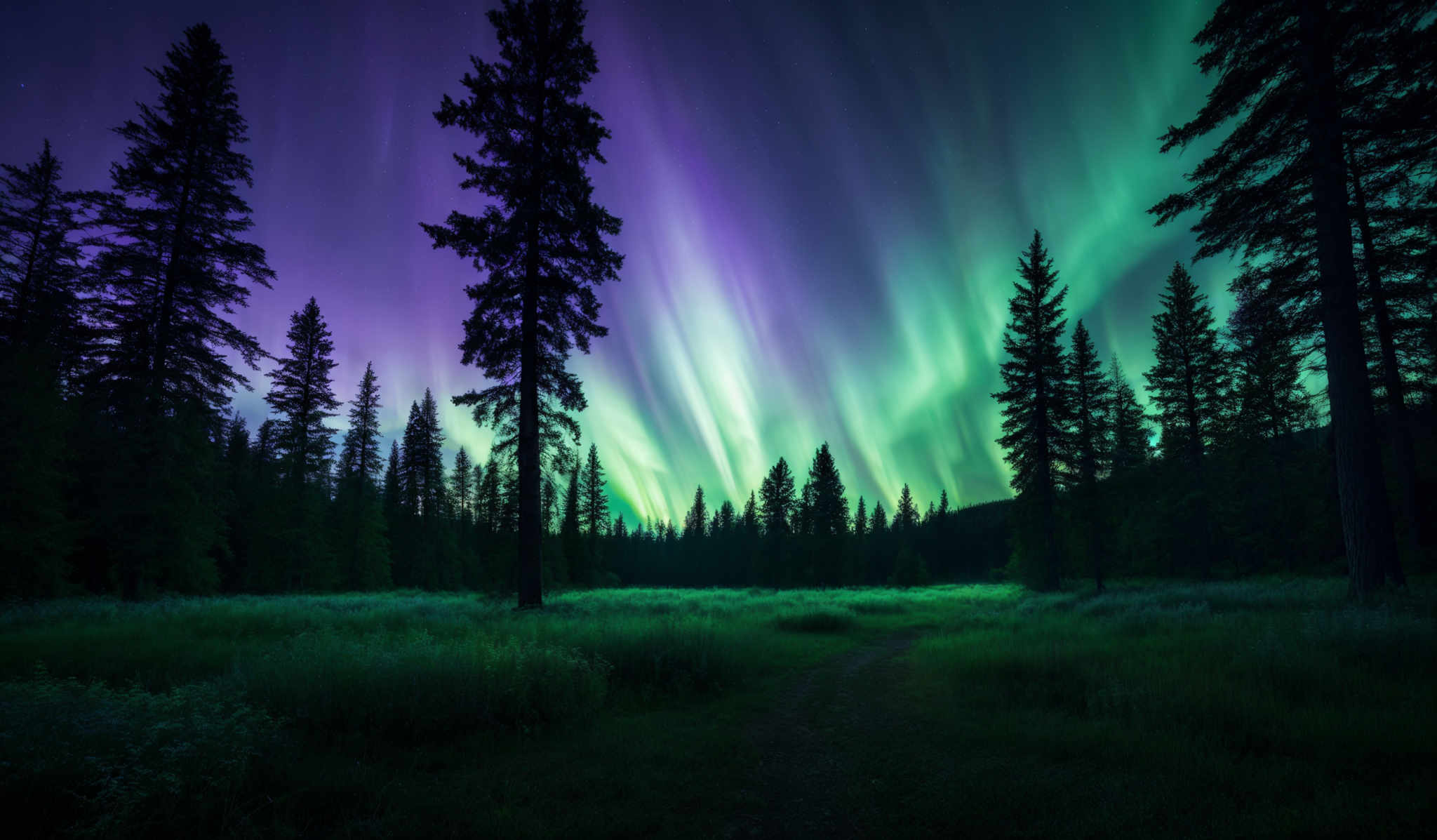 The image showcases a breathtaking view of the Northern Lights, also known as the Aurora Borealis. These lights display a mesmerizing array of colors, predominantly shades of green and purple, dancing across the night sky. The lights form ethereal streaks and waves, creating a sense of movement and dynamism. Below the sky, there's a dense forest with tall pine trees. The trees are silhouetted against the vibrant backdrop, adding depth and contrast to the scene. The forest floor is covered with grass and some underbrush, and there'll be a faint trail leading through the grass, suggesting a path or a route taken by someone.