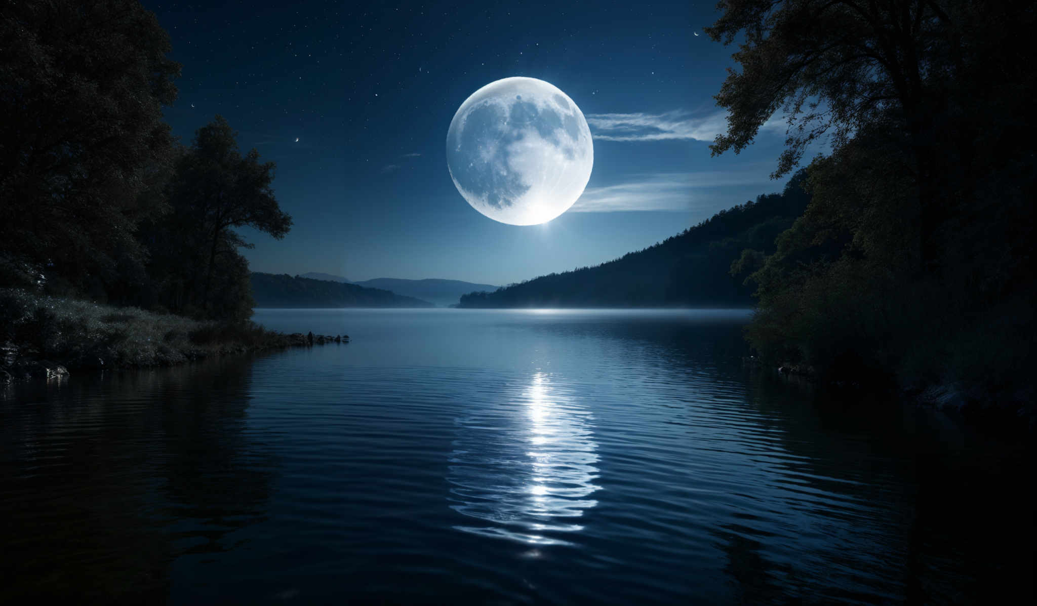 The image showcases a serene nighttime landscape. The dominant color is a deep blue, representing the night sky and the water. The moon, which is the primary focal point, is depicted as a large, luminous, and almost full moon, casting a bright glow on the water below. The water reflects the moon's light, creating a shimmering effect. On the left side, there are trees with dark silhouettes, and their branches extend over the water, adding to the tranquility of the scene. The background features a distant horizon with a misty ambiance, possibly indicating a lake or a calm river.