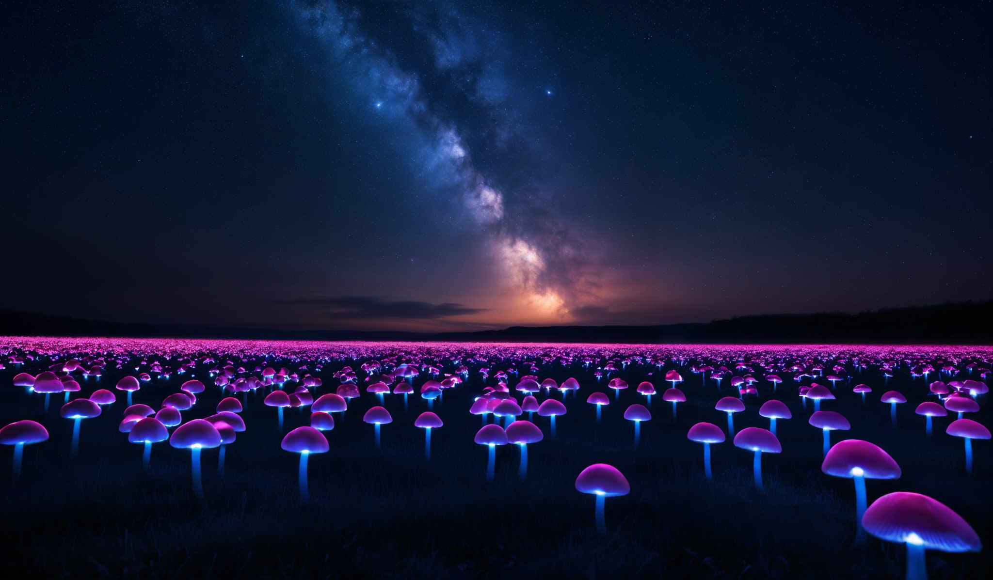 The image showcases a vast field of luminescent mushrooms that glow in a vibrant pink hue. These mushroom-like structures are tall and have a rounded, dome-like shape. Above the field, the night sky is illuminated with the Milky Way galaxy, which stretches across the expanse, displaying a myriad of stars and cosmic dust. The horizon is tinged with a warm, orange glow, possibly from a setting or rising sun.