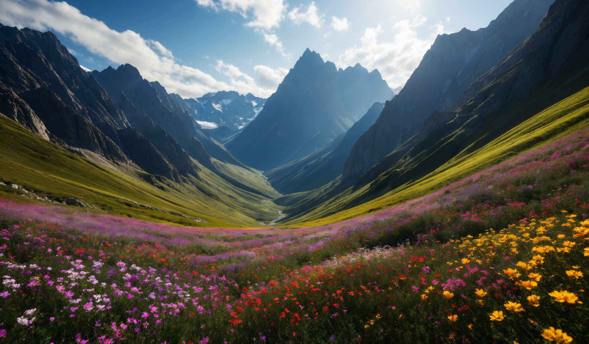 The image showcases a breathtaking landscape of a valley surrounded by towering mountain peaks. The mountains have jagged peaks and are covered with patches of snow. The valley is lush with green grass and is adorned with a vibrant display of wildflowers in shades of pink, red, and yellow. The sky above is clear with a few scattered clouds, allowing sunlight to illuminate the valley and cast shadows on the mountains.