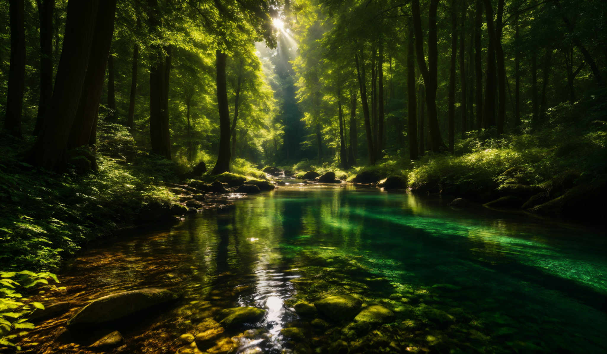 The image showcases a serene forest scene with tall, slender trees whose leaves are a lush green. The forest floor is covered with dense undergrowth, and there's a calm, clear stream flowing through the center. The water in the stream is a beautiful shade of turquoise, reflecting the surrounding trees and the sunlight filtering through the canopy. The sunlight creates a soft, ethereal glow, casting dappled shadows on the forest floor.