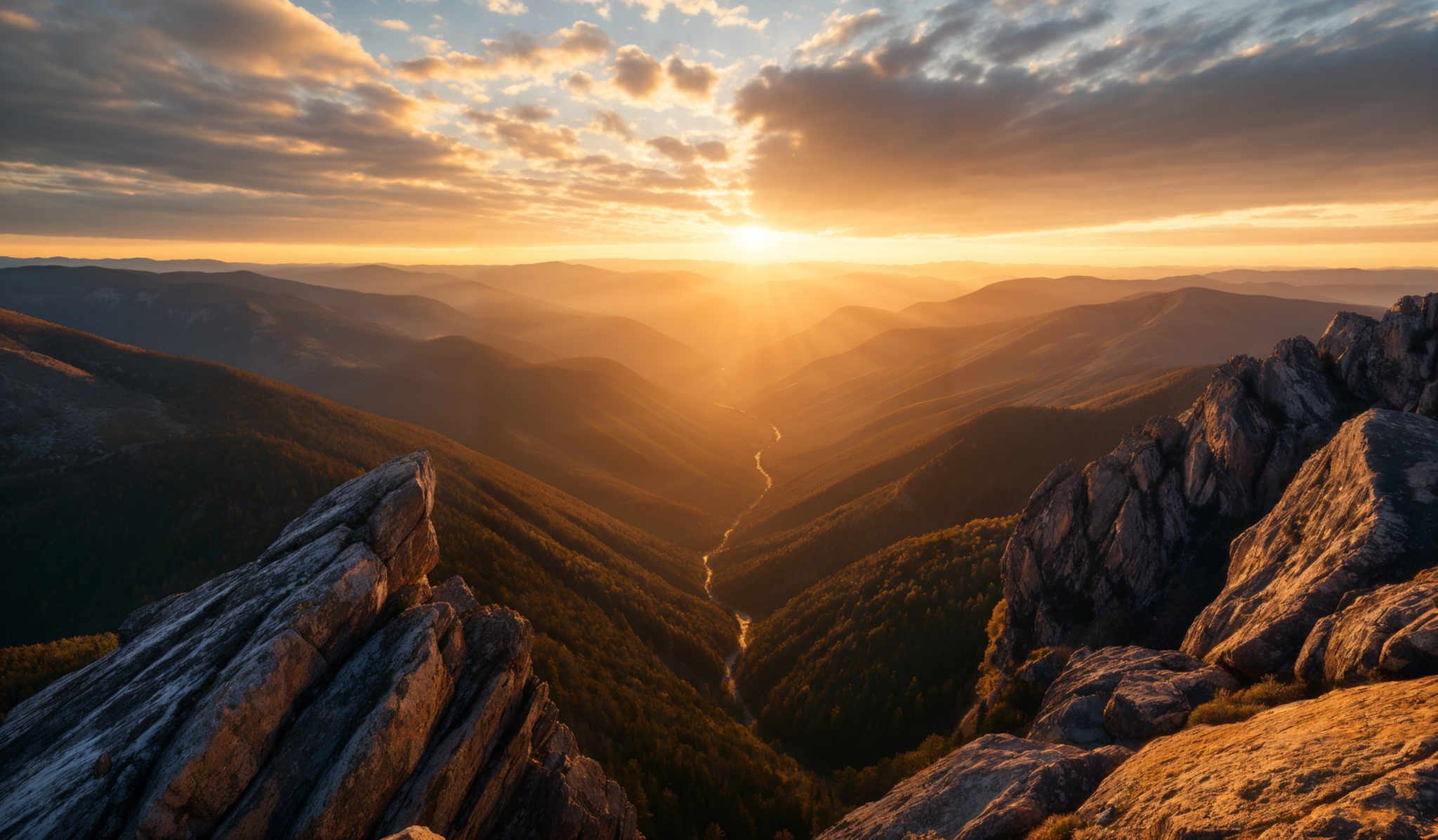 The image showcases a breathtaking landscape during sunset. The sky is painted with hues of orange, gold, and blue, with scattered clouds reflecting the sun's golden rays. The sun itself is positioned near the horizon, casting a warm glow over the scene. In the foreground, there are rugged rock formations, sharp and jagged, with intricate patterns and textures. These formations are juxtaposed against a backdrop of rolling hills and valleys, which are bathed in a soft, golden light. The valleys are deep and seem to converge towards a winding river or stream that snakes its way through the landscape. The entire scene exudes a sense of tranquility and awe.