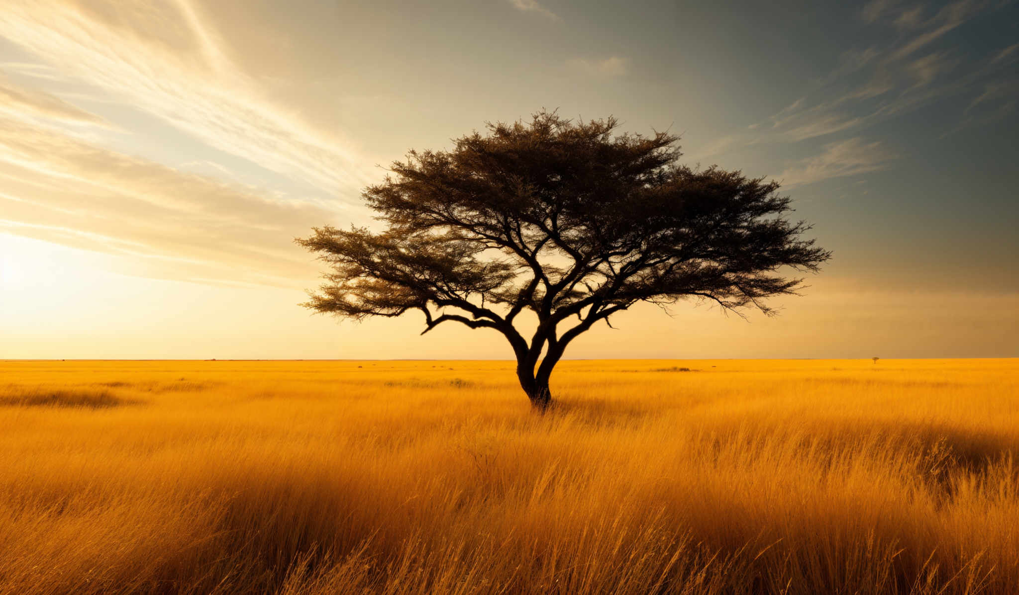 The image showcases a vast expanse of golden-yellow grasslands stretching to the horizon. Dominating the foreground is a solitary, umbrella-shaped tree with dark, dense foliage. The sky above is painted in hues of blue and white, with wispy clouds stretching across. The sun casts a warm, golden glow over the landscape, creating a serene and tranquil ambiance.