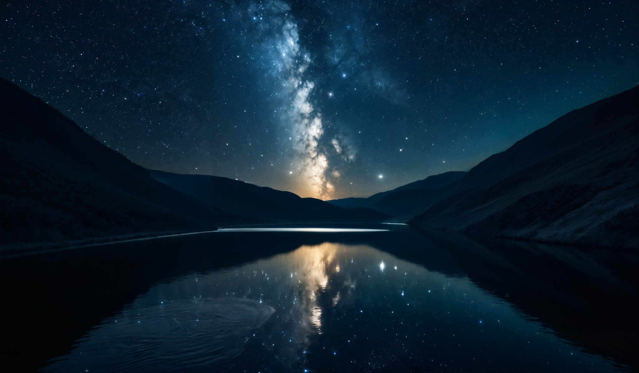 The image showcases a breathtaking night sky with a dense cluster of stars and the prominent Milky Way galaxy stretching across it. The Milky way appears as a bright, cloudy band of light, with various shades of blue, white, and hints of yellow. Below the sky, there's a serene body of water reflecting the celestial wonders above. The water's surface is calm, creating a near-perfect mirror image of the stars and galaxy. On either side of the water, there are dark silhouettes of mountains, adding depth and contrast to the scene.