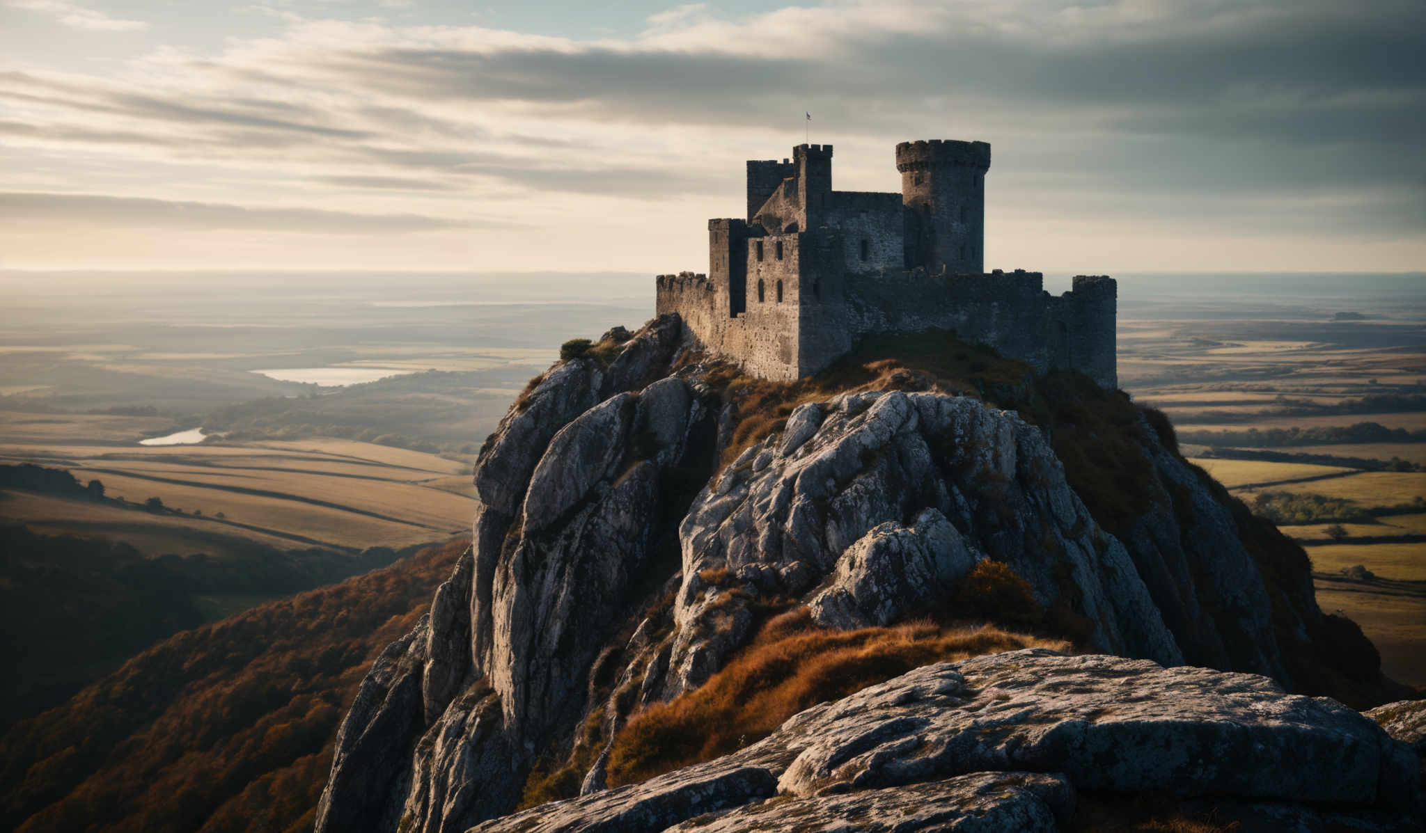 The image showcases a majestic castle perched atop a rocky cliff. The castle is constructed of stone, with multiple towers and battlements. The landscape surrounding the castle is vast, with rolling hills, fields, and a river winding through the valley below. The sky above is partly cloudy, with the sun casting a warm, golden hue over the scene. The foreground features rugged rocks and vegetation, adding depth and contrast to the image's composition.