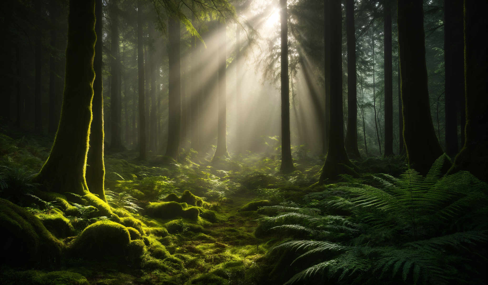 The image showcases a lush forest with tall, slender trees. The trees have a dark, almost black hue, and their trunks are thick and straight. The forest floor is covered in vibrant green moss and ferns, creating a soft carpet-like appearance. Sunlight filters through the trees, casting ethereal beams of light that illuminate the forest floor. The overall color palette is dominated by shades of green, brown, and a hint of golden yellow from the sunlight.