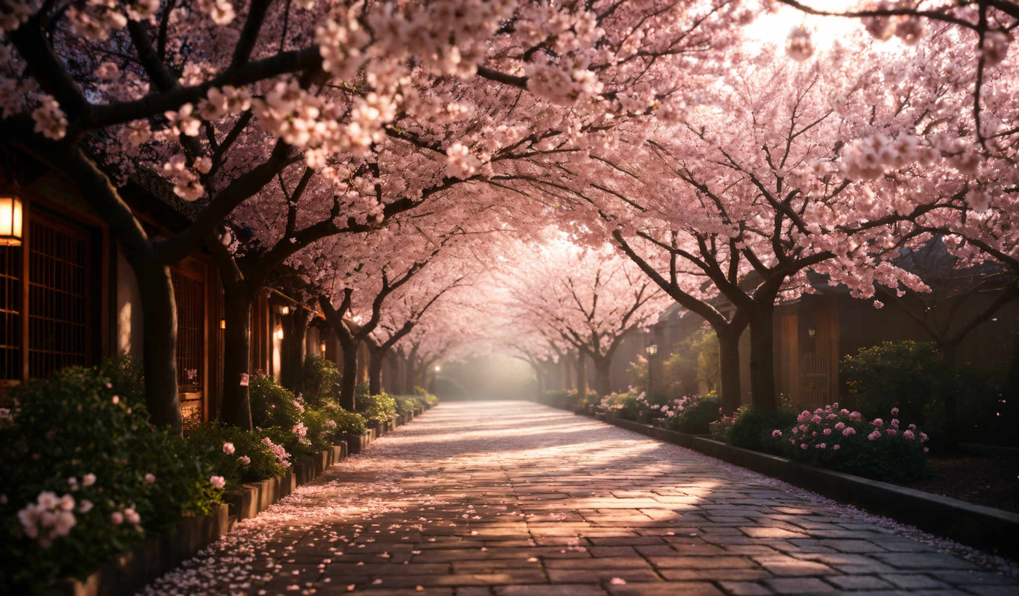 The image showcases a picturesque scene of a pathway lined with cherry blossom trees in full bloom. The trees have a canopy of pink blossoms, creating a tunnel-like effect over the pathway. The pathway itself is made of stone slabs, and it's adorned with fallen petals. On either side of the path, there are traditional wooden structures, possibly houses or shops, with paper lanterns hanging from their eaves. The lighting in the image is soft, possibly during the early morning or late afternoon, casting a warm glow on the scene.