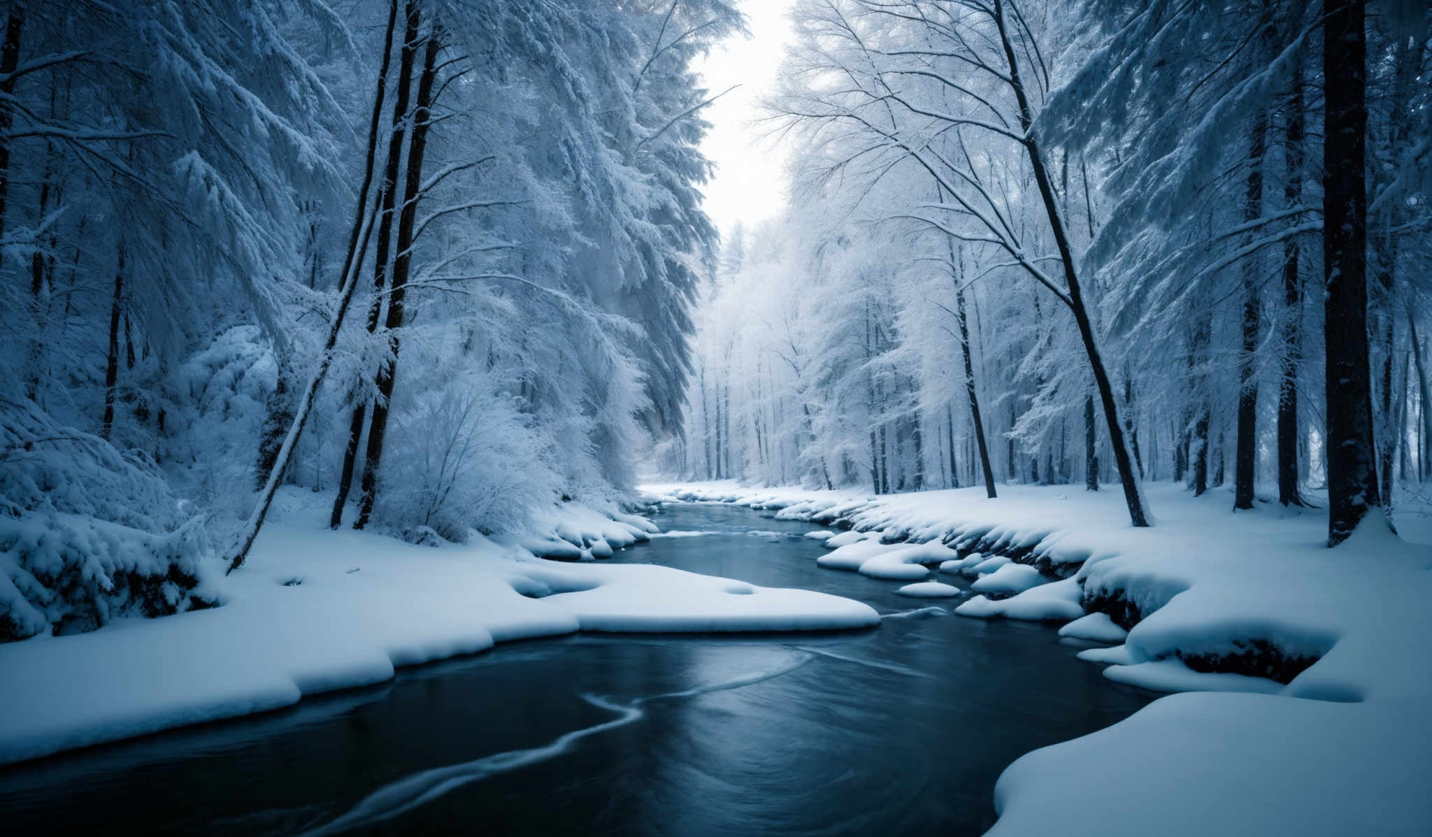 The image showcases a serene winter landscape. Dominating the scene are tall, slender trees covered in a thick layer of snow, their branches weighed down by the accumulated frost. The ground is blanketed in a pristine white snow, with patches of darker snow or possibly wet areas reflecting the sky. A calm river or stream flows through the center, its waters a deep blue, contrasting with the white surroundings. The water appears to be flowing gently, with some areas showing slight ripples. The overall color palette is cool, with shades of blue, white, and gray dominating the image, evoking a sense of tranquility and coldness.