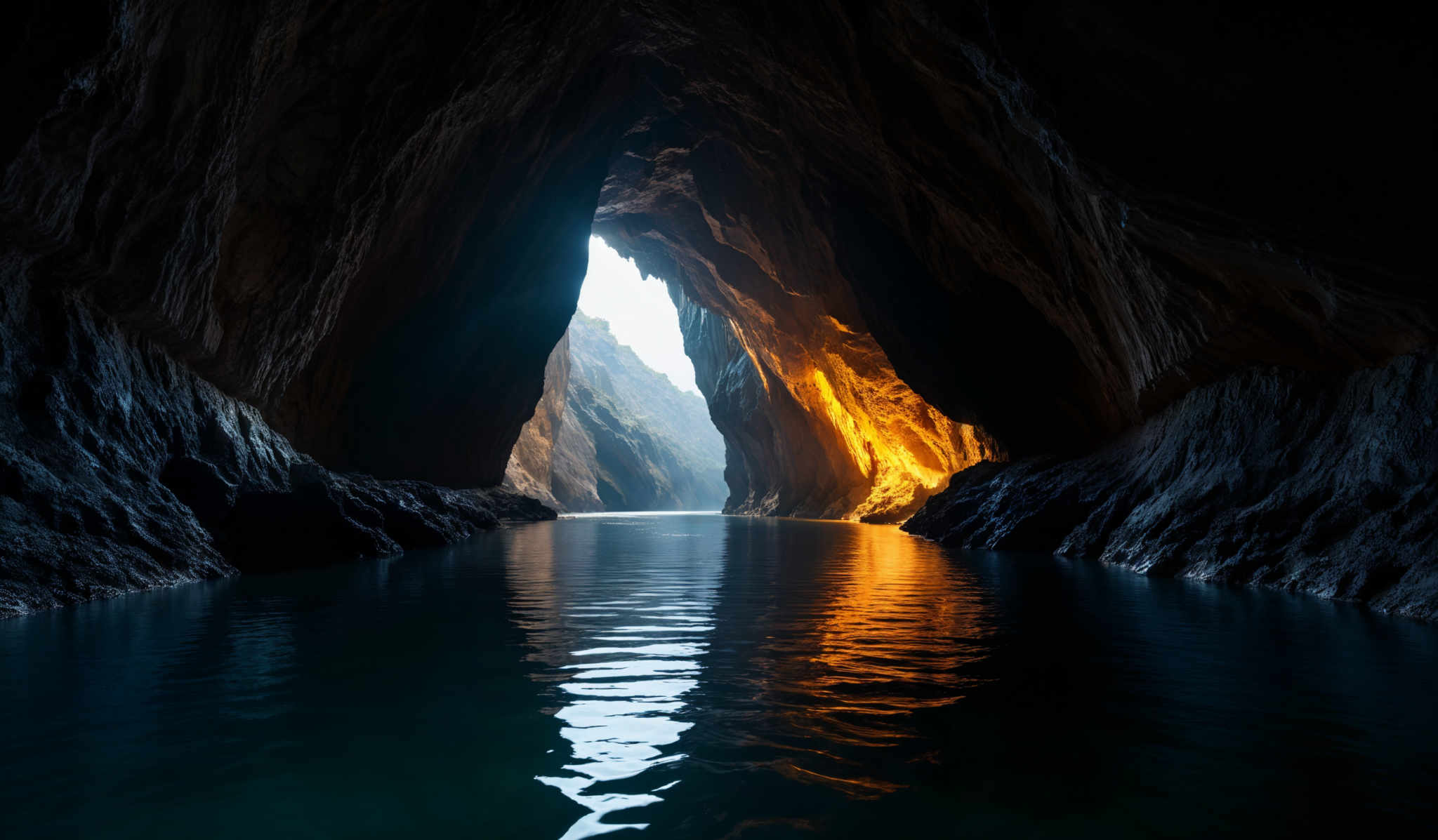 The image showcases a breathtaking view of a cave with jagged rock formations. The cave's walls are rugged and have varying shades of brown and black, with some areas illuminated by a soft, golden light, possibly from the sun. The ceiling of the cave opens up to reveal a serene body of water, reflecting the golden hues from the sky. The water's surface is calm, with gentle ripples caused by the cave'a reflection. The overall ambiance of the image is serene, with the contrast between the dark cave walls and the illuminating light creating a dramatic and captivating visual.