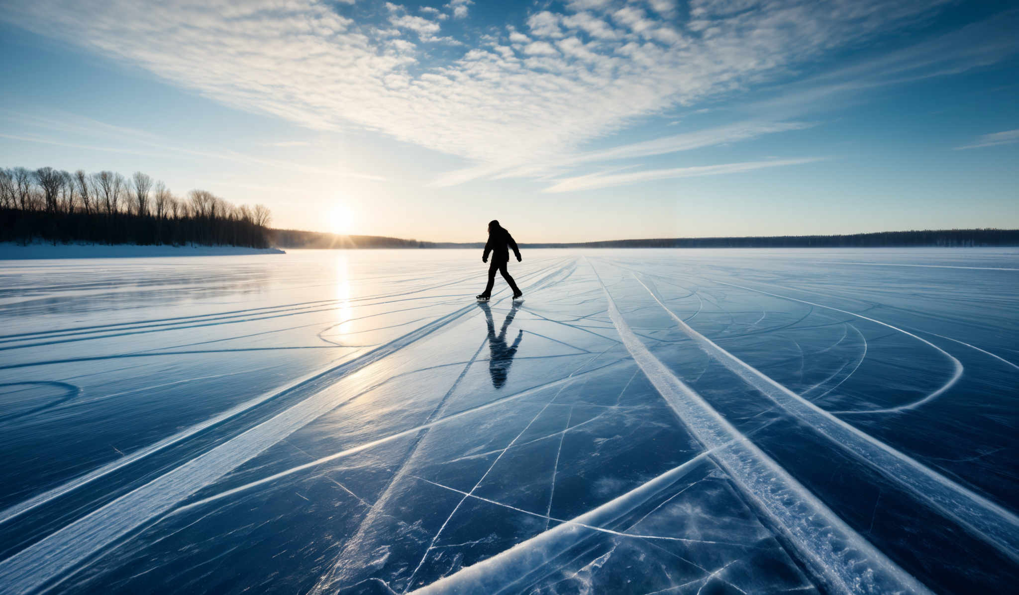 The image showcases a vast expanse of a frozen body of water, reflecting the clear blue sky above. The ice surface has intricate patterns, likely formed by wind and water currents, and is dotted with cracks. On the ice, there's a silhouette of a person, possibly ice skating, moving away from the viewer. The horizon shows a line of trees, and the sun is either rising or setting, casting a warm golden hue over the scene. The sky is adorned with scattered clouds, and there're long shadows on the ice.