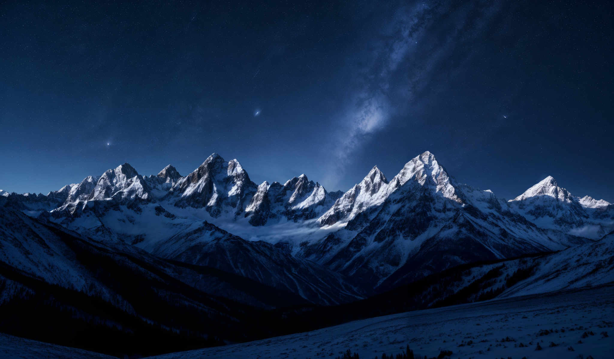 The image showcases a breathtaking night landscape. The dominant colors are deep blues and whites, representing the night sky and snow-covered mountains. The mountains have jagged peaks, and their snowy surfaces reflect the moonlight, creating a shimmering effect. The Milky Way galaxy stretches across the sky, with its dense cluster of stars creating a milky, cloud-like appearance. There are also a few bright celestial bodies, possibly planets or stars, scattered across the scene.