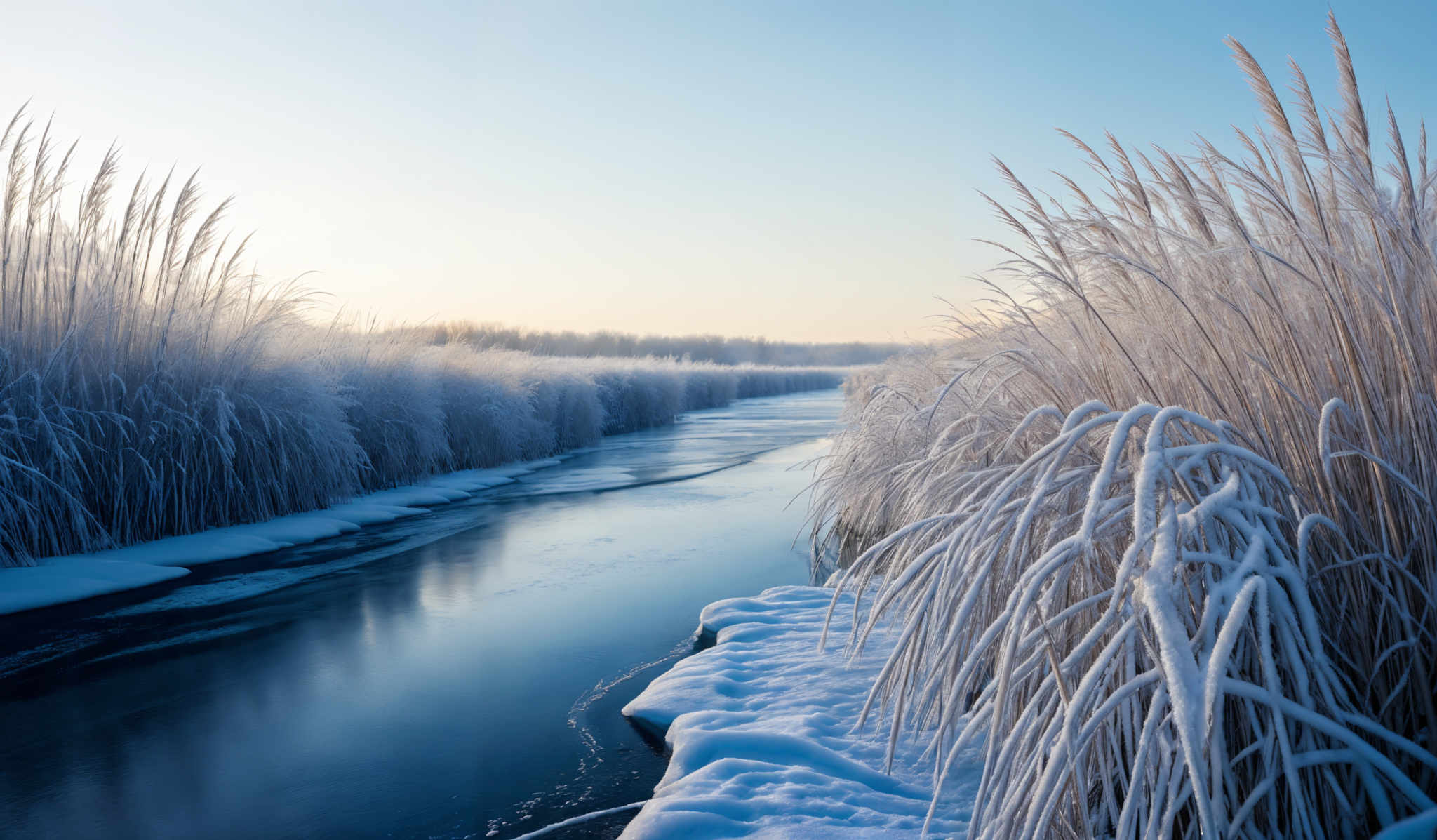 The image showcases a serene winter landscape. Dominating the foreground are tall, frosted grasses that appear to be covered in a light layer of snow. These grasses have a feathery, delicate appearance, with their tips glistening under the sunlight. The middle ground features a calm, reflective body of water, possibly a river or a lake, which mirrors the sky and the surrounding environment. The water's edge is lined with snow, and there are patches of ice floating on its surface. In the background, a line of trees can be seen, their branches bare and devoid of leaves, suggesting that it's winter. The sky is clear with a soft gradient of colors, transitioning from a warm golden hue near the horizon to a cooler blue as it ascends.