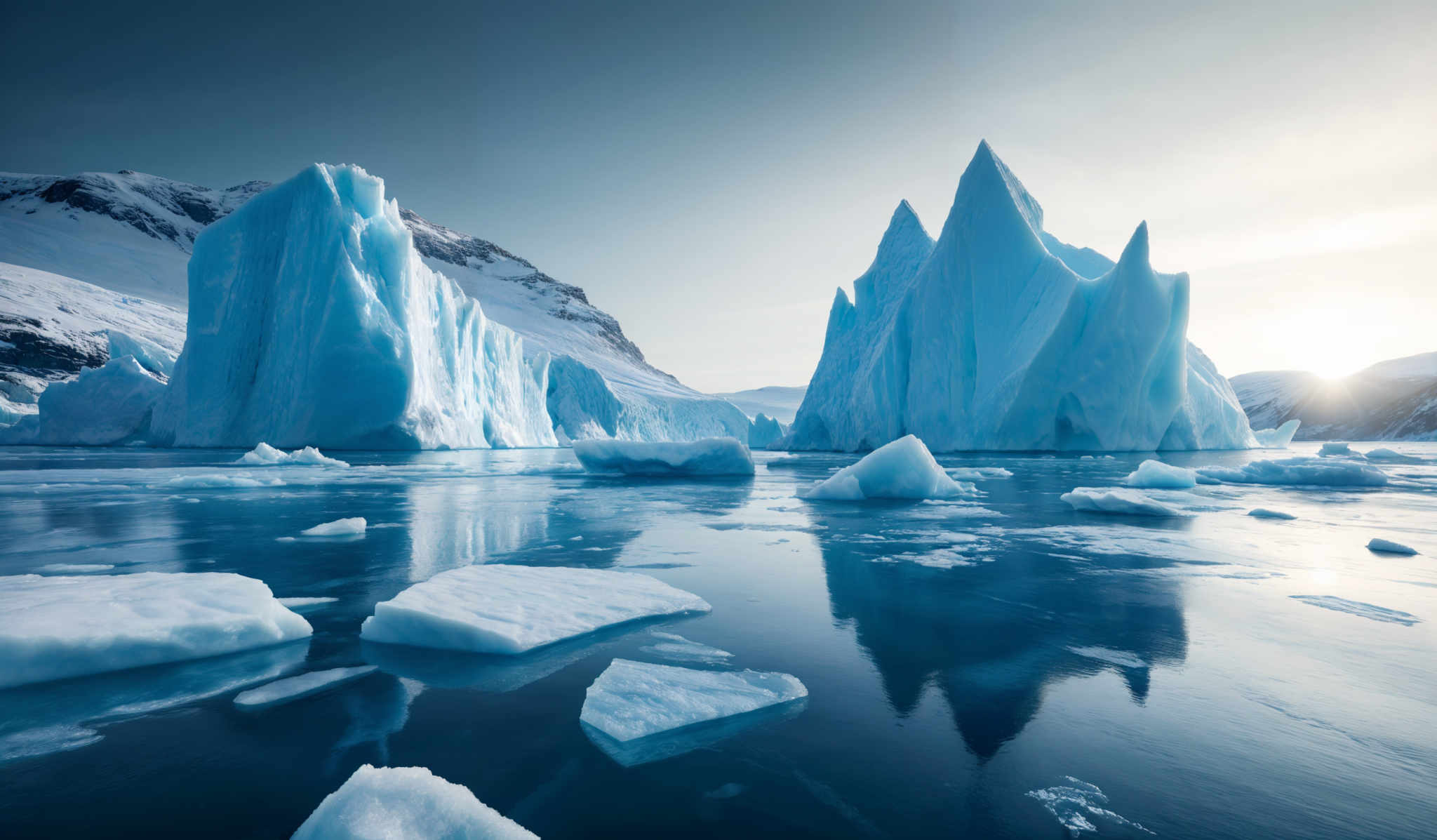 The image showcases a breathtaking icy landscape. Dominating the scene are towering icebergs, with their jagged peaks and smooth, translucent blue surfaces. These iceberg are set against a backdrop of snow-covered mountains and a serene body of water. The water reflects the iceberg and the mountains, creating a mirror effect. The sky is clear with a hint of sunlight, casting a soft glow on the scene.