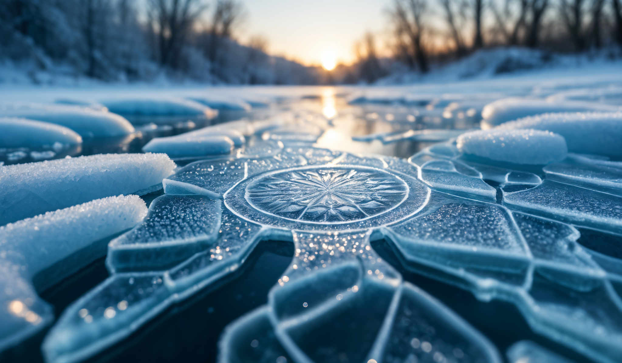 The image showcases a breathtaking winter scene. The dominant colors are shades of blue and white, representing the cold and frozen environment. The foreground features intricate ice formations, with a prominent circular ice pattern surrounded by jagged ice shards. These formations are beautifully frozen, capturing minute details like bubbles and crystalline structures. The background reveals a serene landscape with snow-covered trees and a setting or rising sun casting a warm golden hue over the scene, contrasting with the cold blue foreground.