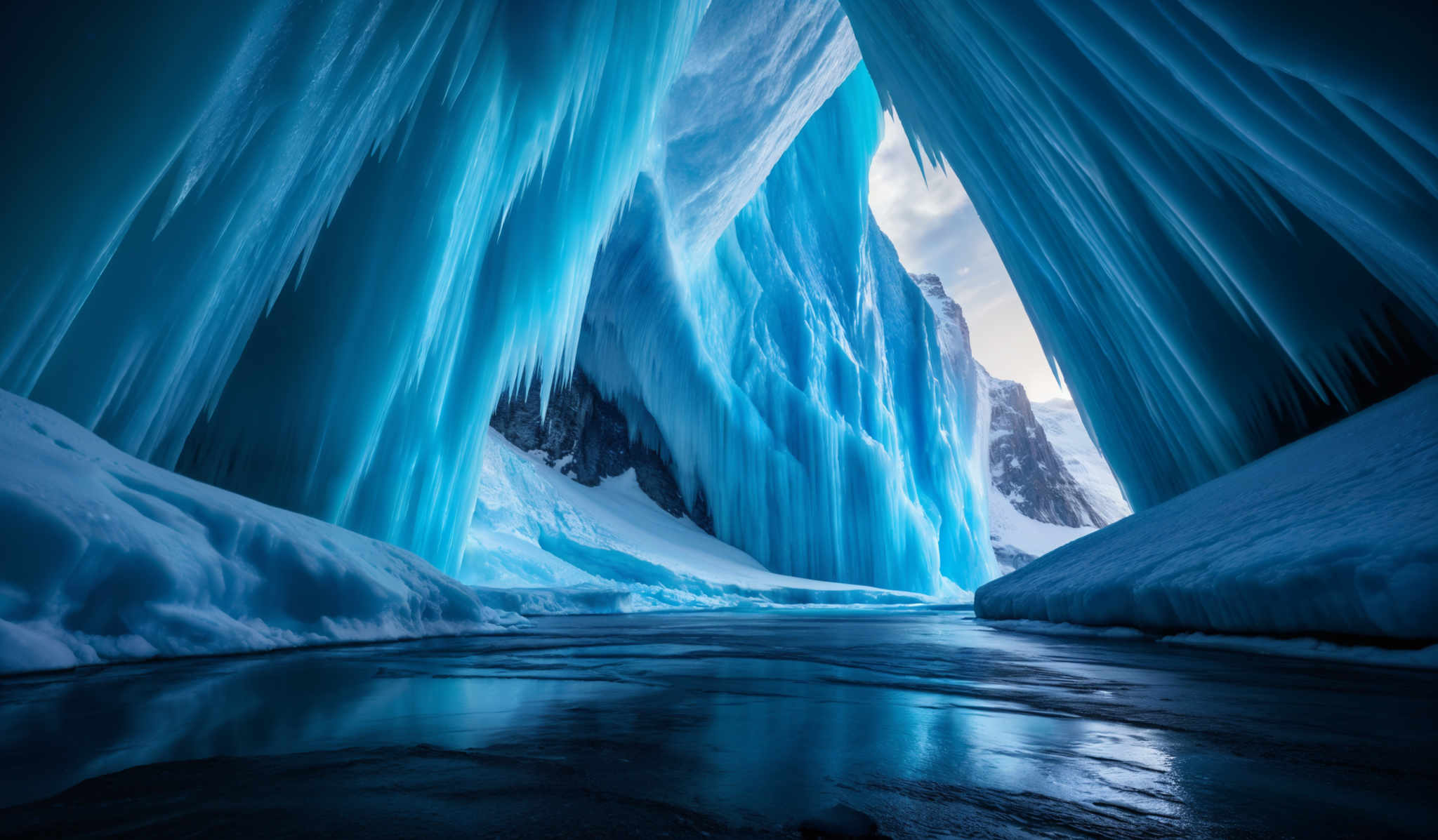 The image showcases a breathtaking view of a frozen landscape. The dominant color is a deep shade of blue, which gives the scene a cold and serene ambiance. The ice formations are tall and slender, resembling icicles hanging from the ceiling of a cave. The ground is covered in snow, and there's a reflective surface, possibly a frosted pond or lake, at the bottom. The overall shape is that of a tunnel or cave, with the ice walls on both sides and the blue sky peeking through the top.