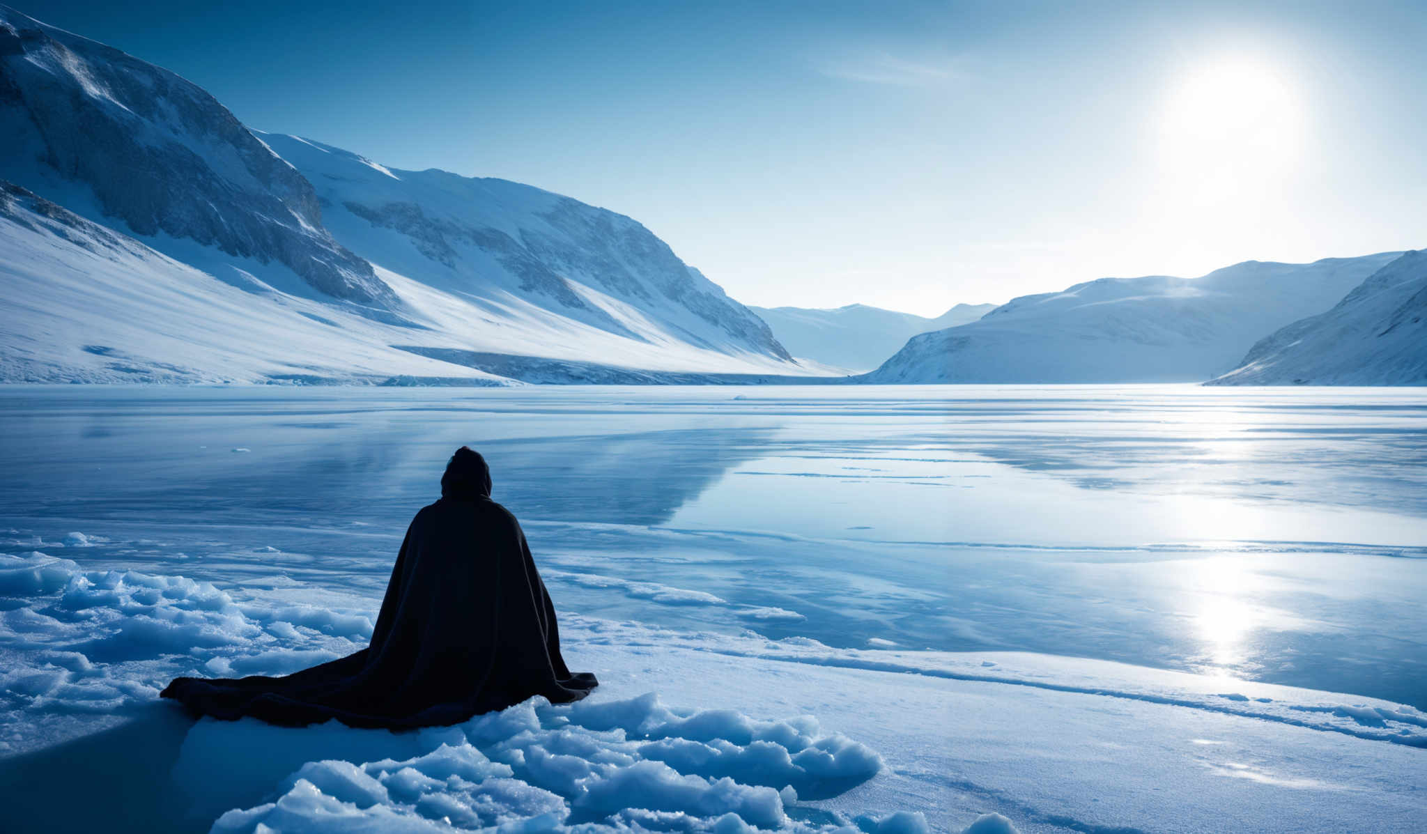 The image showcases a breathtaking icy landscape with towering snow-covered mountains. The sky is clear with a bright sun shining, casting a radiant glow over the scene. The water body in the foreground appears to be partially frozen, with patches of ice and clear water visible. A person, draped in a dark cloak, sits by the water, facing the mountains, seemingly lost in contemplation. The overall color palette is dominated by cool blues and whites, with the warm sunlight providing a contrast.