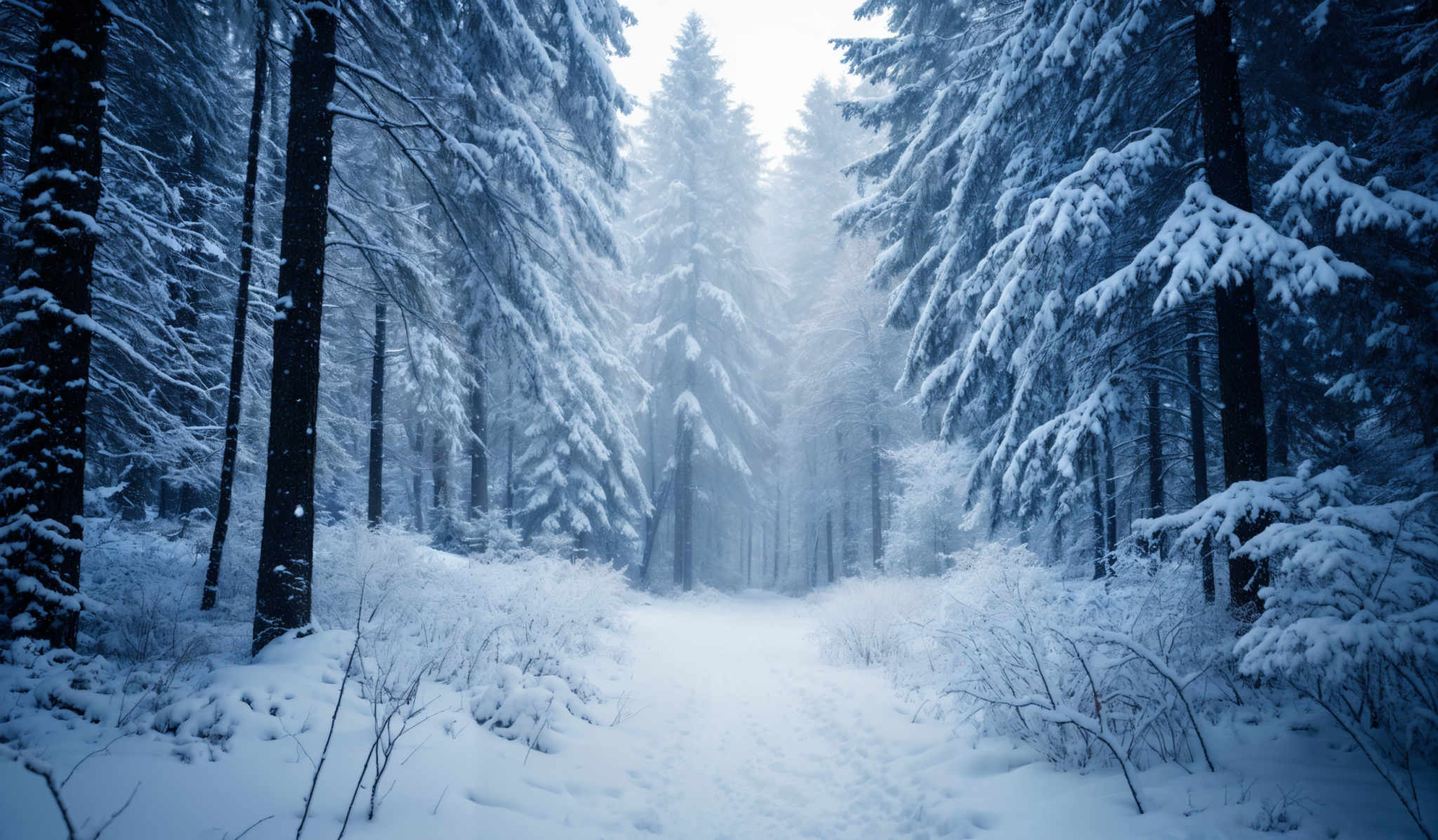 The image showcases a serene winter forest scene. Dominating the scene are tall, slender trees, their trunks dark and contrasting against the white snow. The trees are heavily laden with snow, forming a thick blanket on their branches. The ground is blanketed in a thick layer of snow, with footprints visible, suggesting recent movement. The atmosphere is misty, with the fog adding a sense of depth and mystery to the forest. The color palette is predominantly cool, with shades of blue, white, and gray, evoking a sense coldness and tranquility.