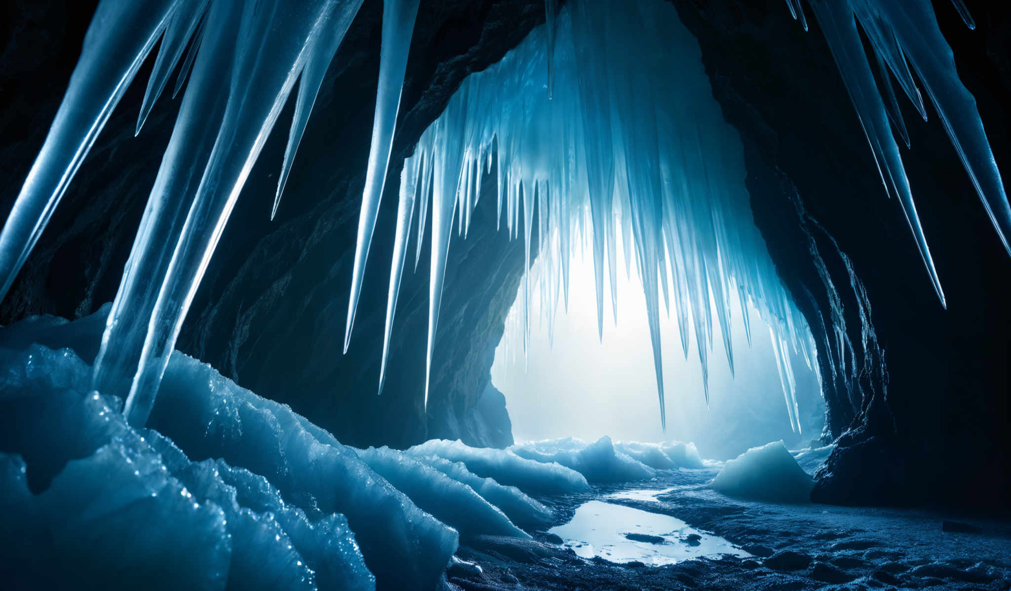 The image showcases a mesmerizing scene of an icy cave. The dominant colors are various shades of blue, ranging from deep navy to lighter icy blue. The cave's interior is illuminated by a soft, ethereal light, casting a glow on the icicles and the frozen formations. The icicles hang down in various lengths, some reaching the ground while others are still suspended in the air. The ground is covered in ice, with some areas showing more solid ice formations while others have pockets of water reflecting the light. The overall ambiance of the image is serene, cold, and otherworldly.