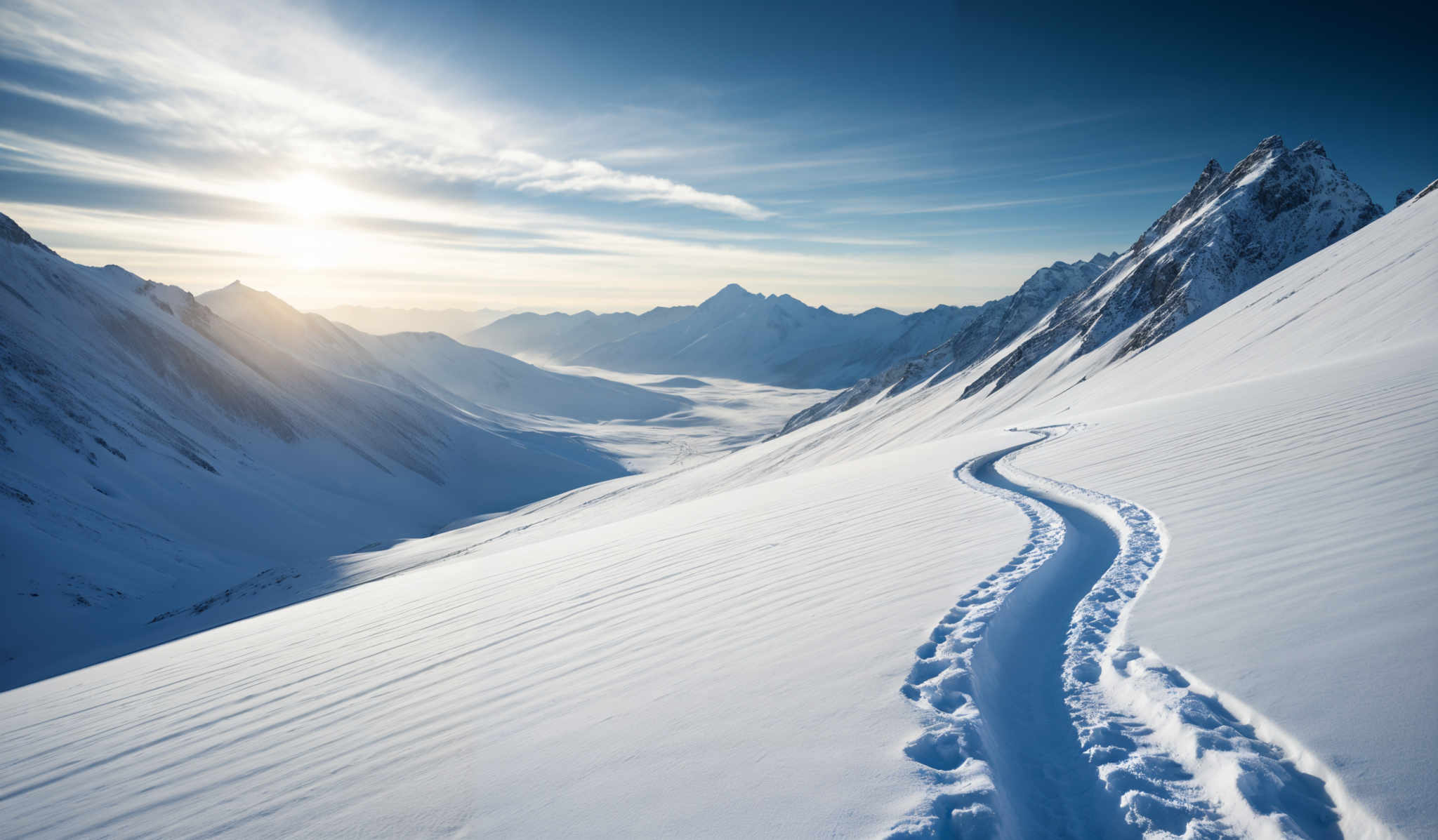 The image showcases a breathtaking snowy mountain landscape. The dominant colors are shades of white and blue, representing the snow and the sky respectively. The mountains are jagged and sharp, with peaks reaching high into the sky. A winding pathway, possibly made by skis or snowboards, cuts through the snow, leading the viewer's eye into the distance. The sky is clear with a few wispy clouds, and the sun is shining brightly, casting a warm glow over the scene.