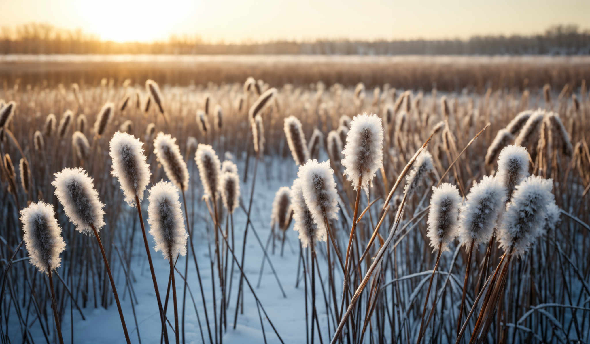 The image showcases a serene winter landscape during sunset. The dominant colors are soft hues of gold, brown, and white. The foreground features tall, frosted cattails with their unique cylindrical shape covered in a layer of frost. The middle ground reveals a vast expanse of snow-covered ground, and the background is dominated by a horizon where the sun is setting, casting a warm golden glow over the entire scene.