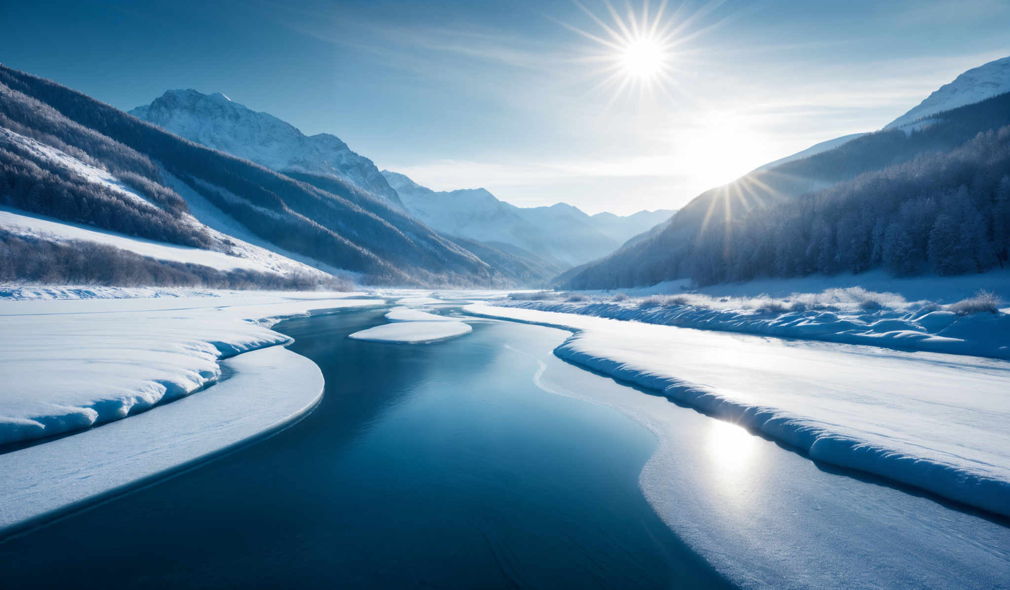 The image showcases a breathtaking winter landscape. Dominating the scene are snow-covered mountains with their peaks illuminated by the sun. The sun itself is radiant, casting a bright glow over the scene. In the foreground, there's a winding river or stream with patches of ice, reflecting the blue sky. The banks of the river are lined with snow, and the surrounding area is blanketed in white, indicating recent snowfall or freezing temperatures. The overall color palette is cool, with shades of blue, white, and a touch of golden sunlight.