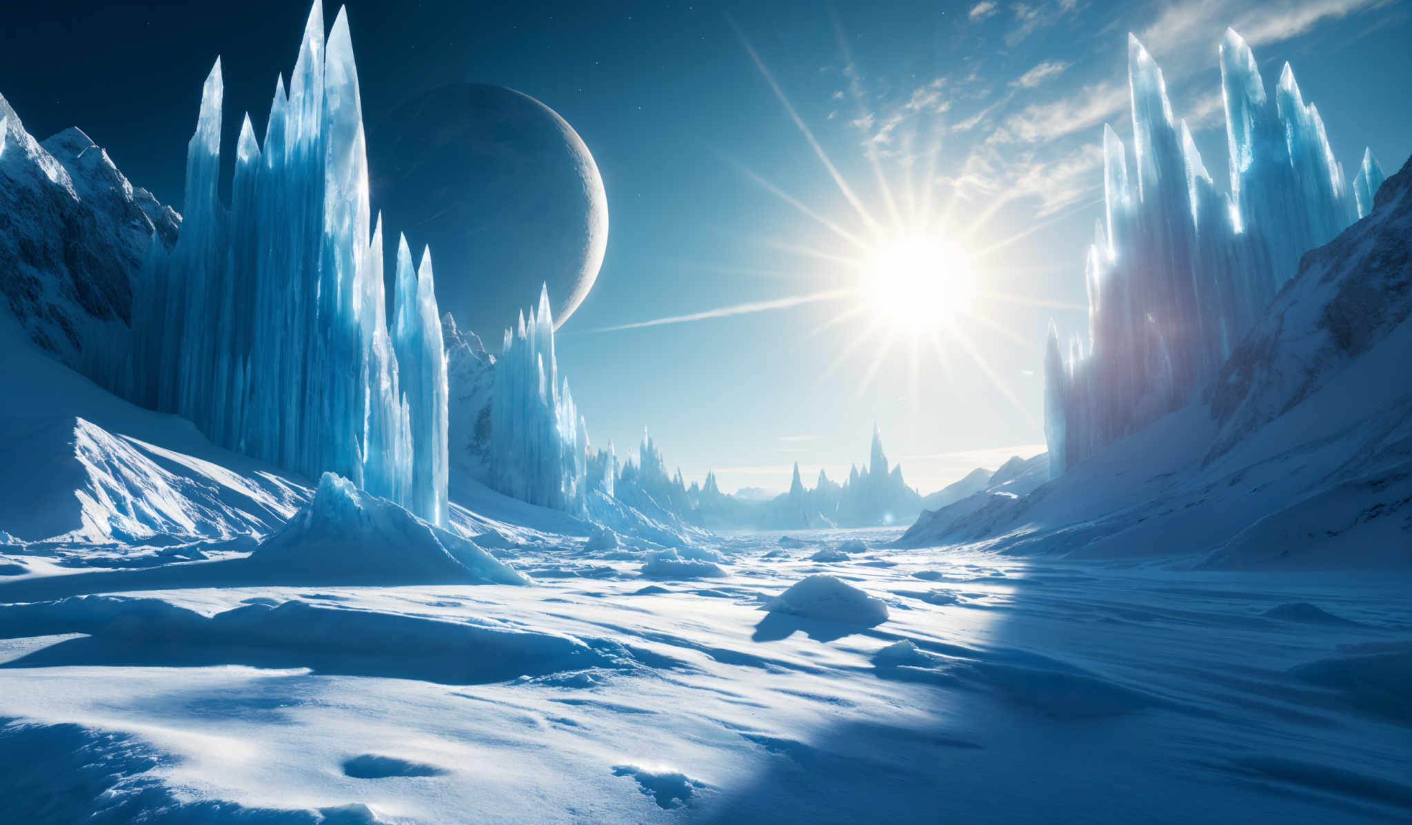 The image showcases a breathtaking icy landscape. Dominating the scene are tall, jagged ice towers that reach skyward, their blue hue reflecting the ambient light. The ground is covered in snow and ice, with some areas showing exposed rocky terrain. In the background, there's a large celestial body, possibly a planet or moon, casting a shadow over the landscape. The sky is clear with a bright sun shining brightly, casting its rays across the scene.