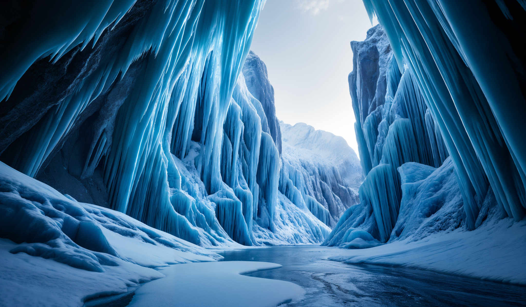 The image showcases a breathtaking view of a frozen landscape. The dominant colors are various shades of blue, ranging from deep navy to light icy blue. The scene is dominated by tall, icicle-like formations that hang down from the ceiling, creating an archway effect. These formations are intricately detailed, with some icicles hanging precariously close to each other, while others are spaced apart, allowing light to filter through. The ground is covered in snow, and there's a small stream or puddle of water reflecting the surrounding icy beauty. The overall ambiance is serene, cold, and otherworldly.