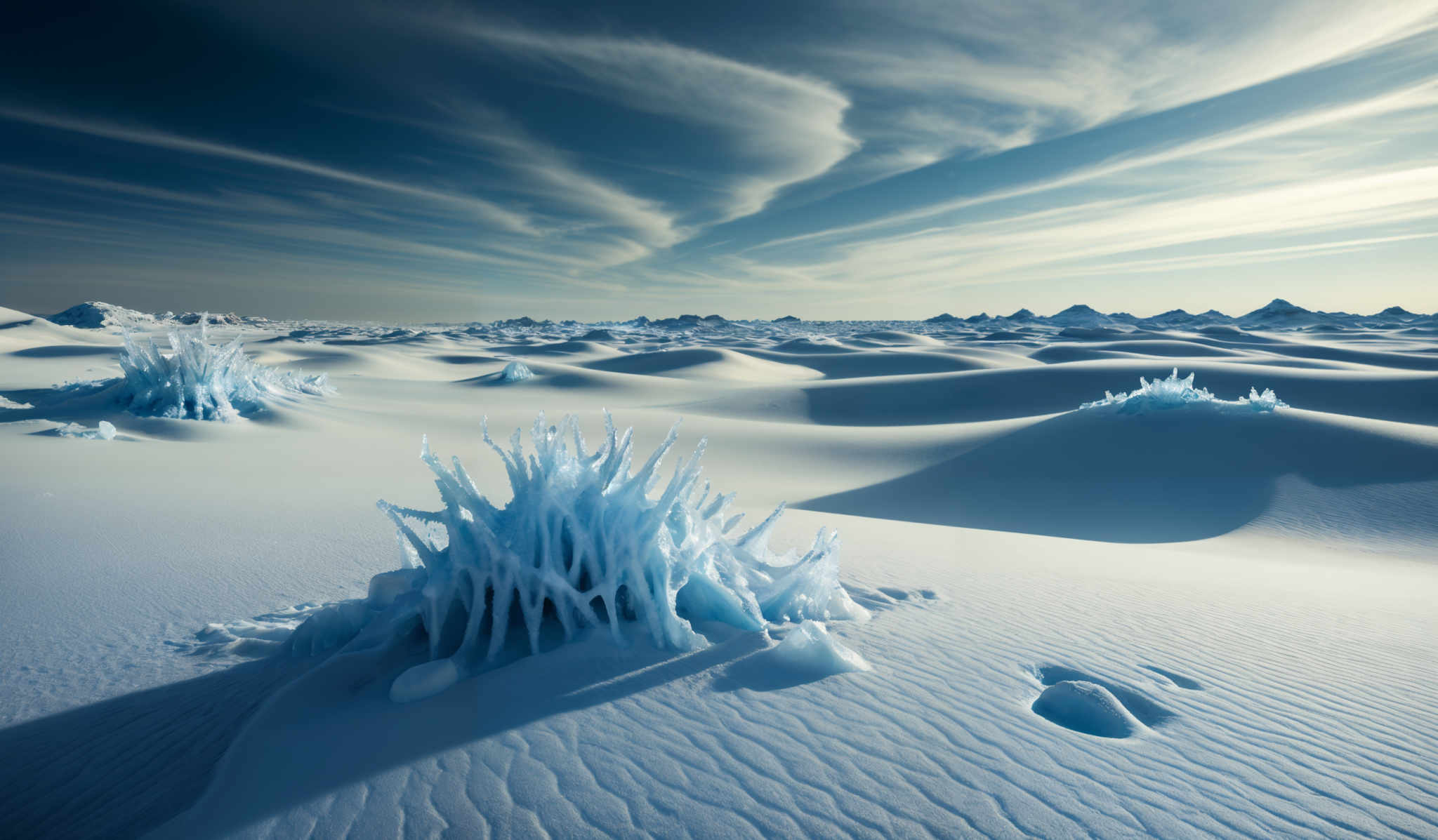 The image showcases a vast snowy landscape with undulating white sand dunes. The sky above is a deep blue with streaks of white clouds. On the foreground, there are intricate formations of ice that resemble spiky structures, possibly frozen stalactites or icicles. These formations are translucent blue, contrasting beautifully with the white snow. The dunes have a rippled texture, suggesting the influence of wind over time. In the distance, there's a silhouette of a mountain range.