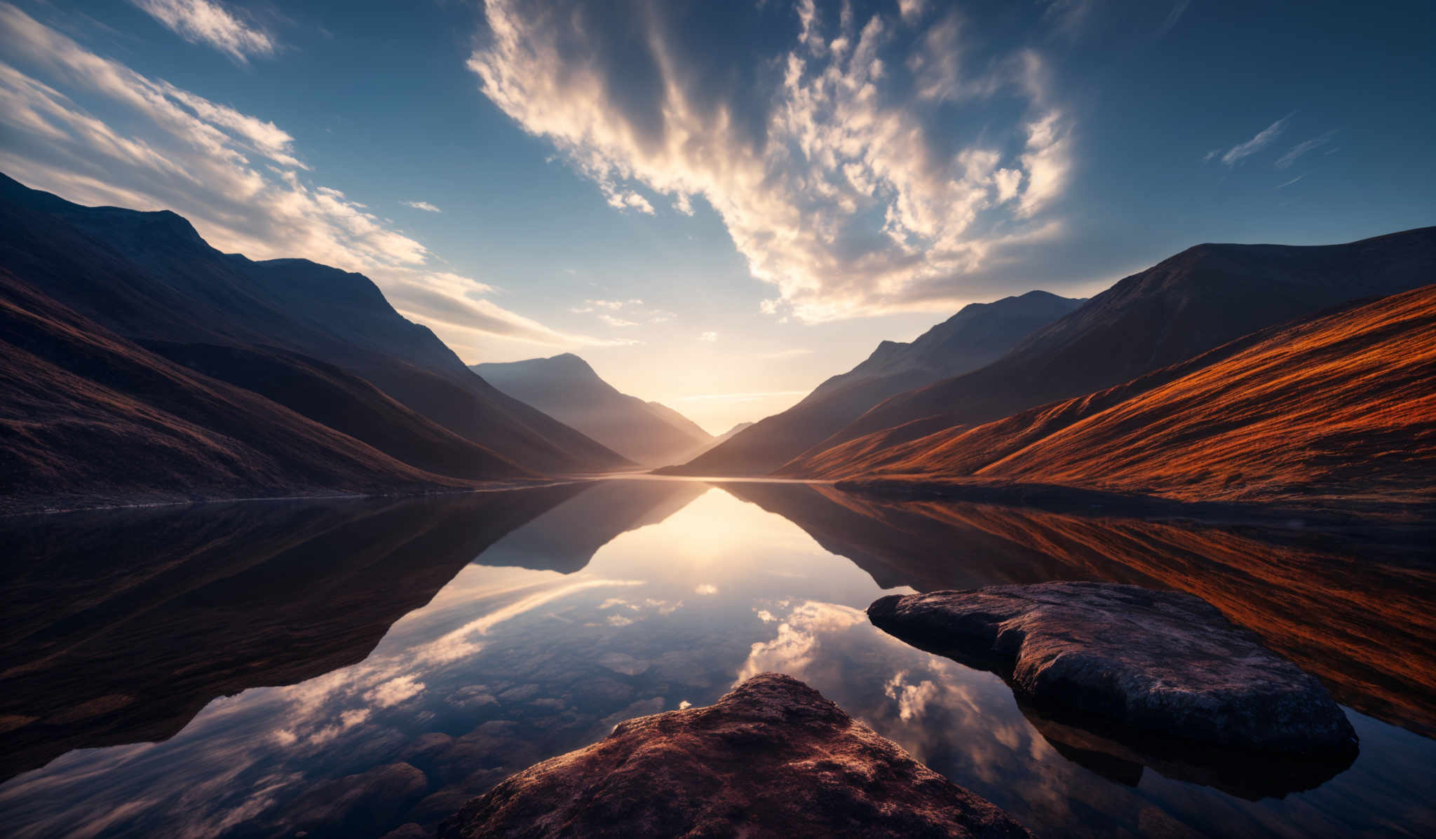 The image showcases a breathtaking landscape with towering mountains that are partially covered in shadows. The mountains are reflected perfectly in a calm body of water, creating a mirror image. The sky above is painted with hues of blue and white, with dramatic clouds casting shadows on the mountains. The sun is visible, casting a golden hue on the peaks of the mountains and the water, giving it a warm, golden glow. In the foreground, there are some rocks protruding from the water.