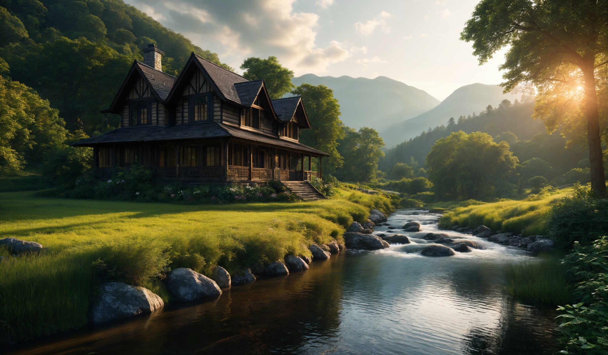 The image showcases a serene landscape with a large, wooden house nestled amidst lush greenery. The house has a unique architectural design with multiple peaks and a chimney. The surrounding area is adorned with tall trees, some of which are illuminated by the golden hues of the setting or rising sun. A gentle stream flows through the foreground, surrounded by rocks and lush grass. The sky is painted with soft, fluffy clouds, and the sun casts a warm, golden glow over the entire scene, creating a tranquil and picturesque ambiance.