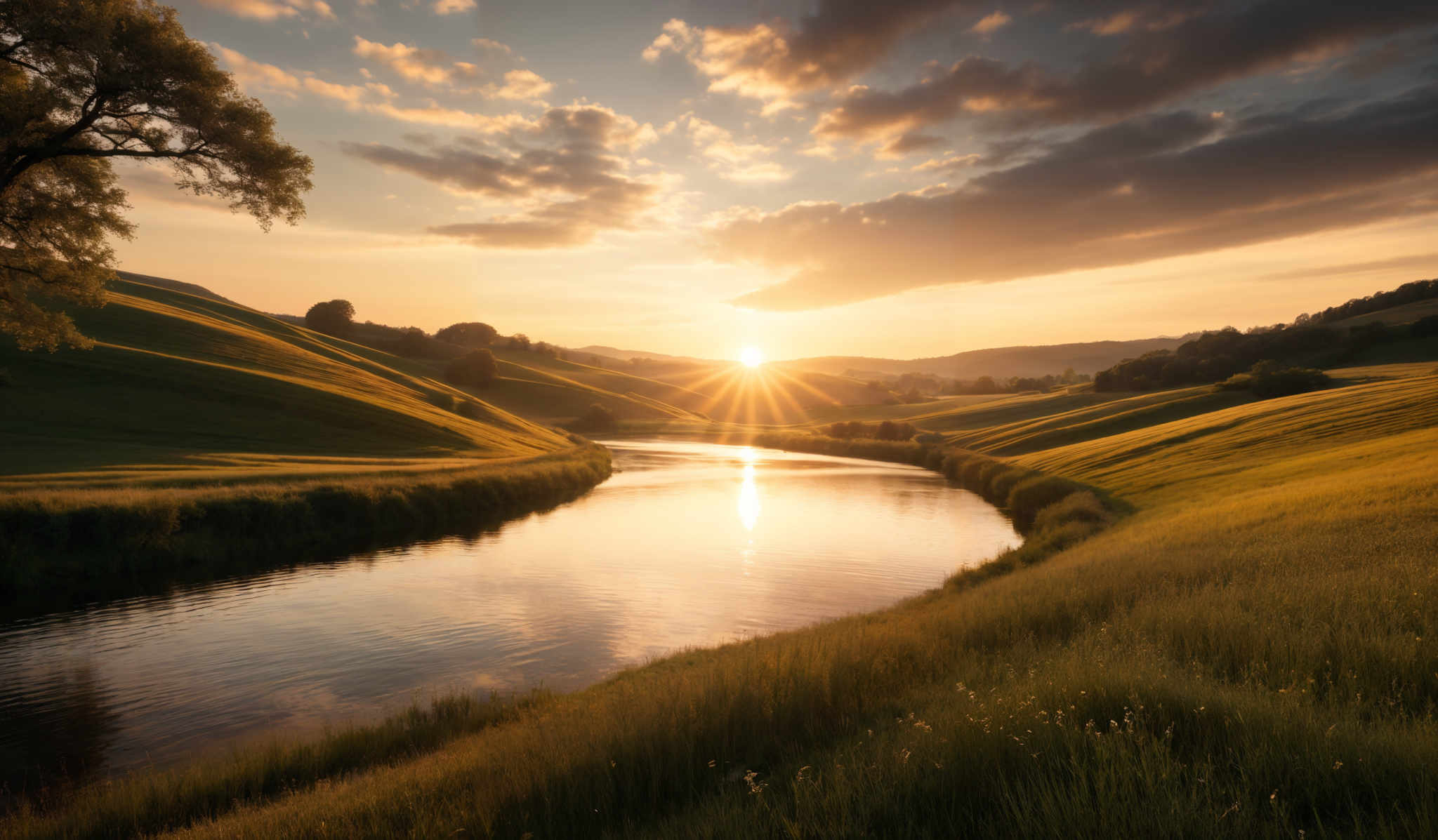 The image showcases a breathtaking landscape during sunset. The sky is painted with hues of orange, gold, and blue, with the sun casting a warm glow over the scene. The sun is positioned near the horizon, casting long shadows across the landscape. The rolling hills are covered in lush green grass, which reflects the golden light of the setting sun. A serene river winds its way through the valley, reflecting the colors of the sky. On the left, there's a large tree with expansive branches, providing a contrast to the open fields. The overall mood of the image is tranquil and picturesque.