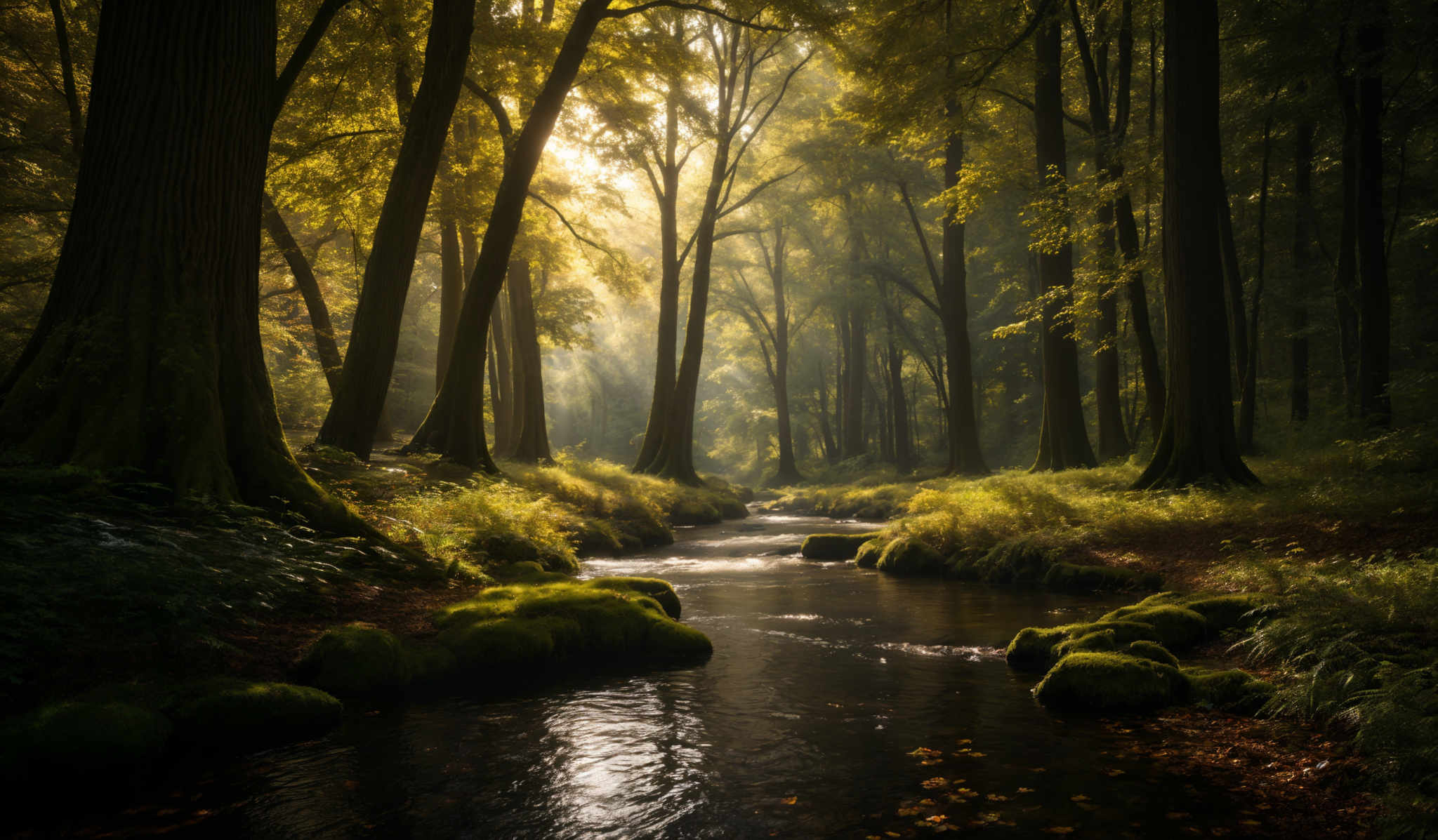 The image showcases a serene forest scene with tall, slender trees whose trunks are prominently visible. The trees have a rich, dark brown bark, and their leaves exhibit a beautiful golden hue, possibly indicating an autumn setting. The forest floor is covered with moss-covered rocks and fallen leaves, adding to the earthy and natural ambiance. A gentle stream flows through the forest, with its water reflecting the surrounding trees and the sunlight filtering through the canopy. The sunlight creates a soft, ethereal glow, illuminating the forest and casting long shadows.