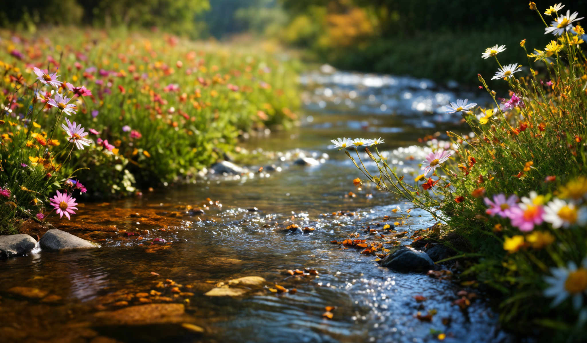 The image showcases a serene natural setting with a stream flowing amidst a field of vibrant flowers. The flowers come in a variety of colors, including pink, yellow, and white. The stream is clear, with visible rocks and pebbles beneath its surface. Sunlight filters through the trees in the background, casting a warm glow over the entire scene.