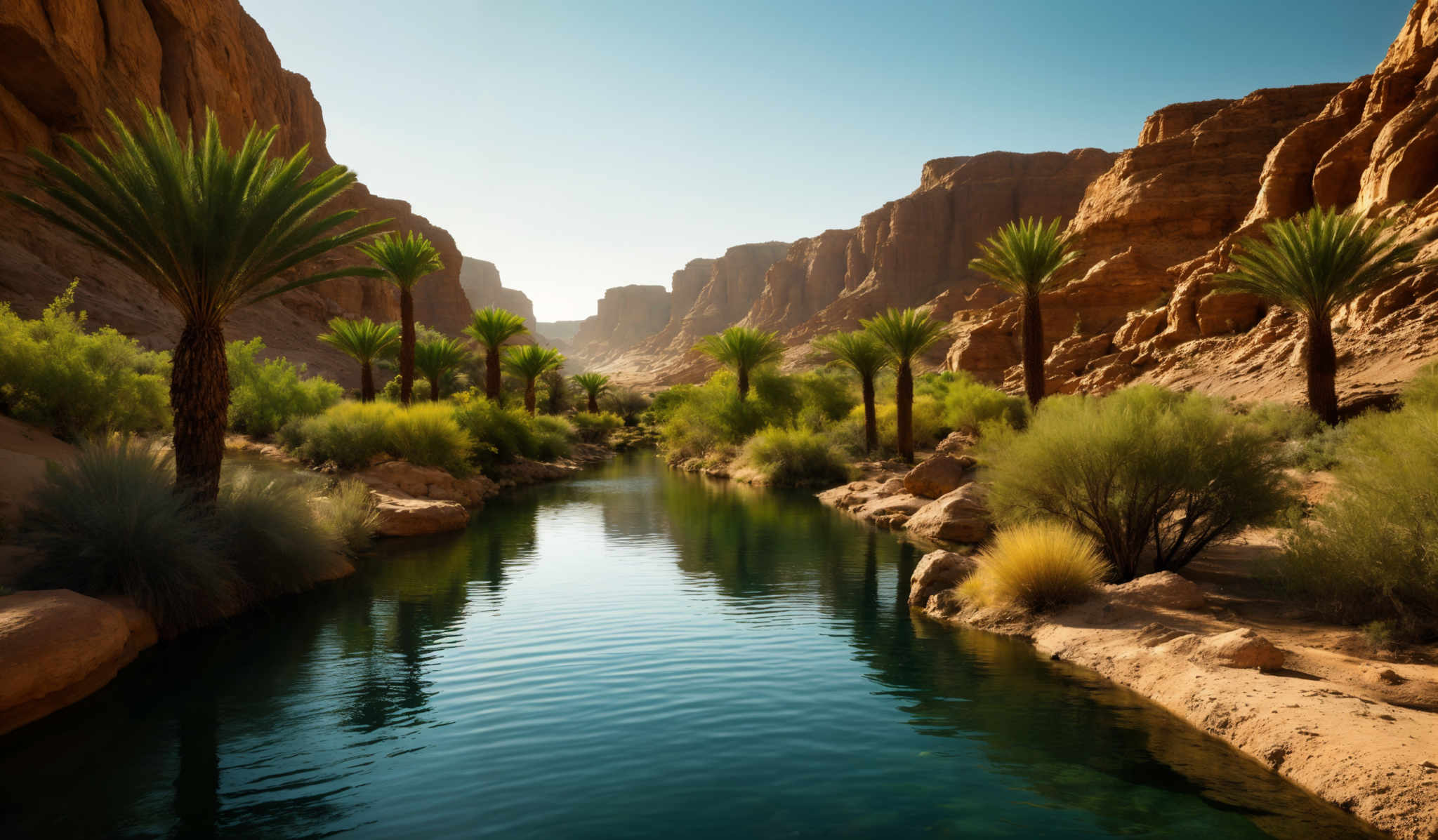 The image showcases a breathtaking landscape featuring tall, palm-like trees with fan-shaped leaves. These trees are positioned alongside a serene, reflective water body that flows through a narrow canyon. The canyons are characterized by steep, rugged cliffs with a reddish-brown hue. The sky above is clear, suggesting a sunny day. The overall color palette is dominated by earthy tones, with the green of the trees contrasting beautifully against the reddes and browns of the canyone.